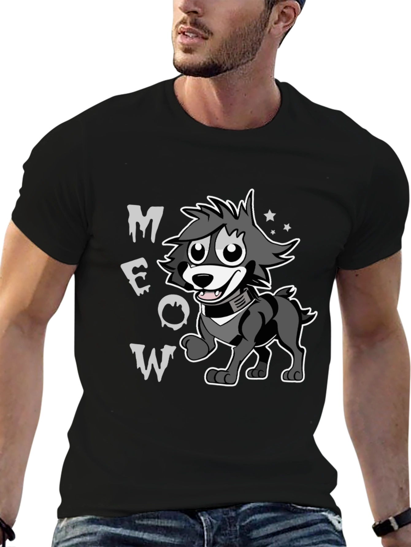Cartoon Wolf MEOW Black T-Shirt