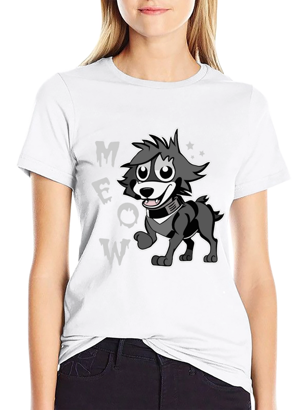 Cartoon Wolf MEOW Black T-Shirt