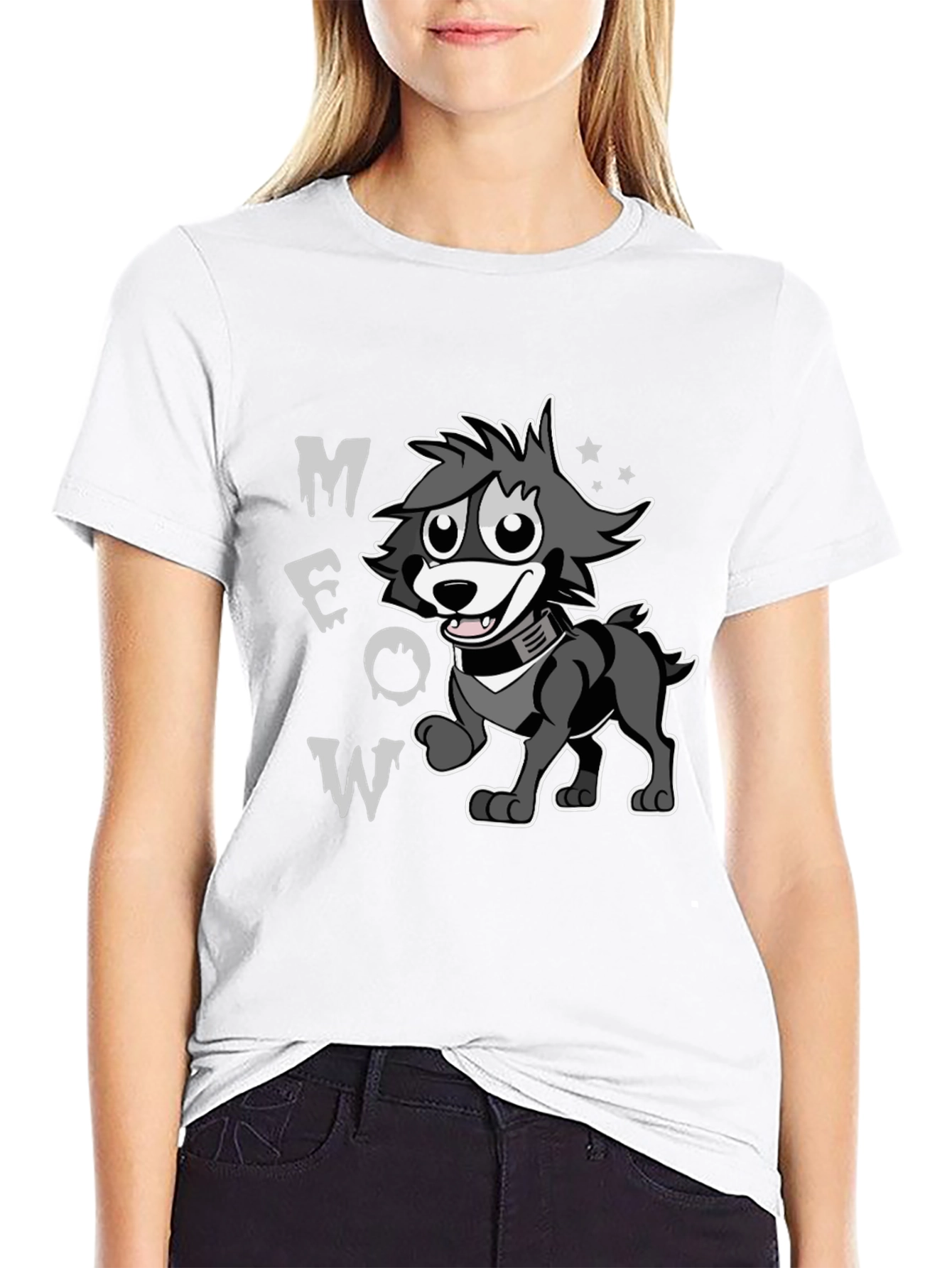 Cartoon Wolf MEOW Black T-Shirt
