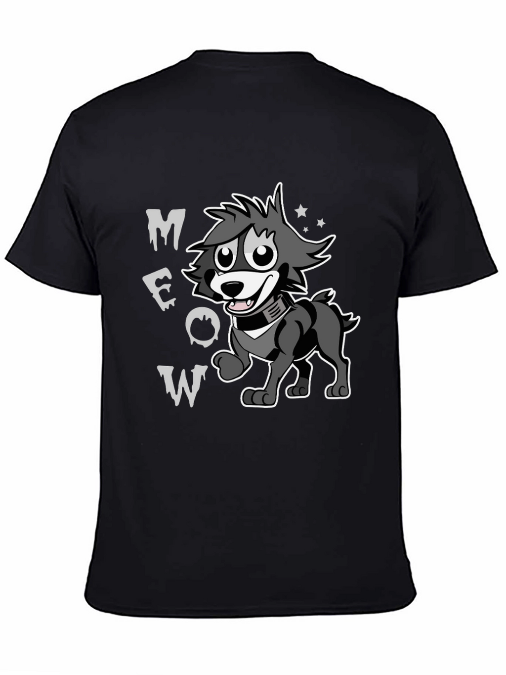 Cartoon Wolf MEOW Black T-Shirt