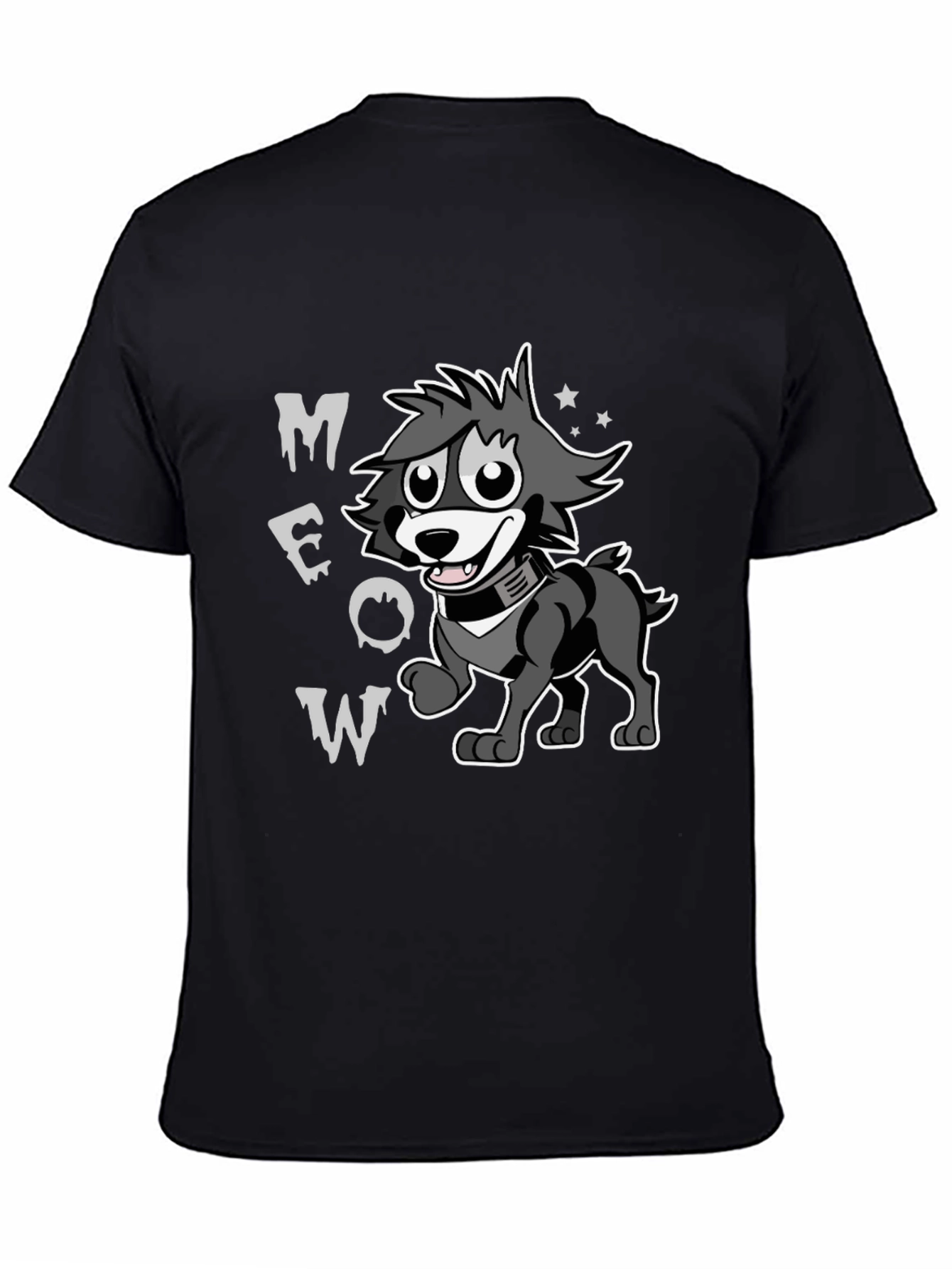 Cartoon Wolf MEOW Black T-Shirt