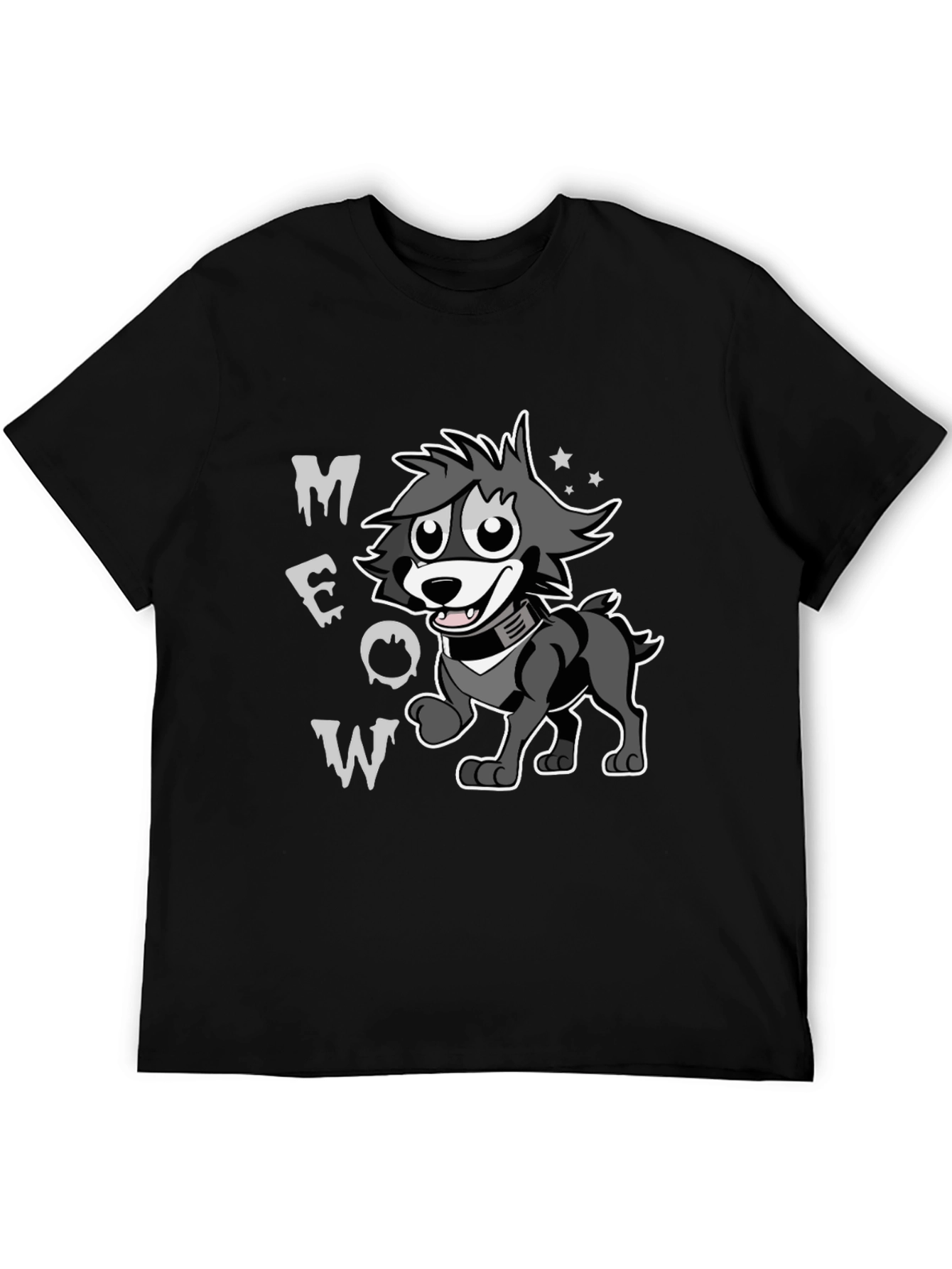 Cartoon Wolf MEOW Black T-Shirt