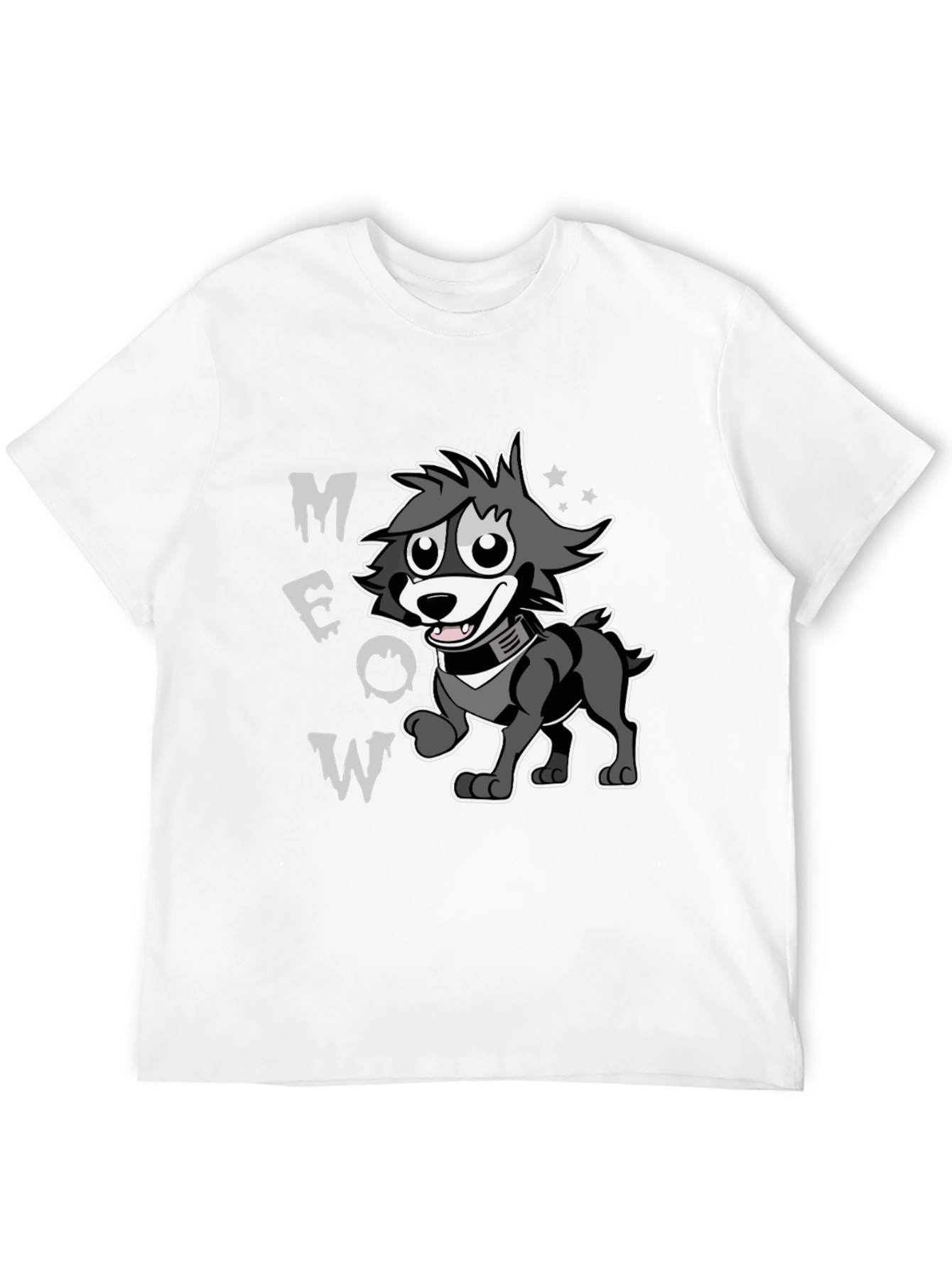 Cartoon Wolf MEOW Black T-Shirt