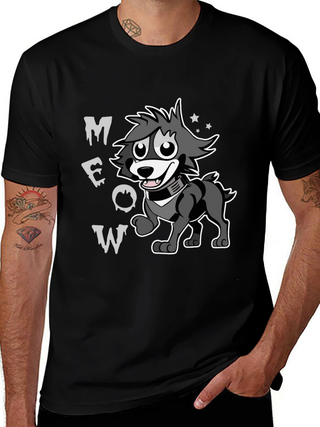 Cartoon Wolf MEOW Black T-Shirt