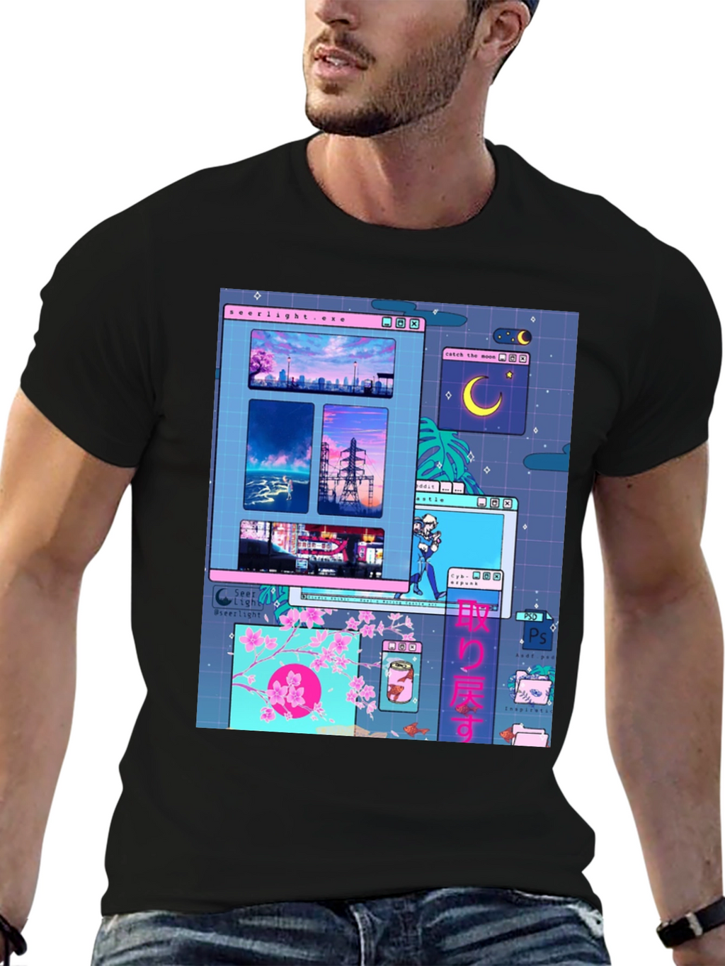 Aesthetic Vaporwave Anime Black T-Shirt