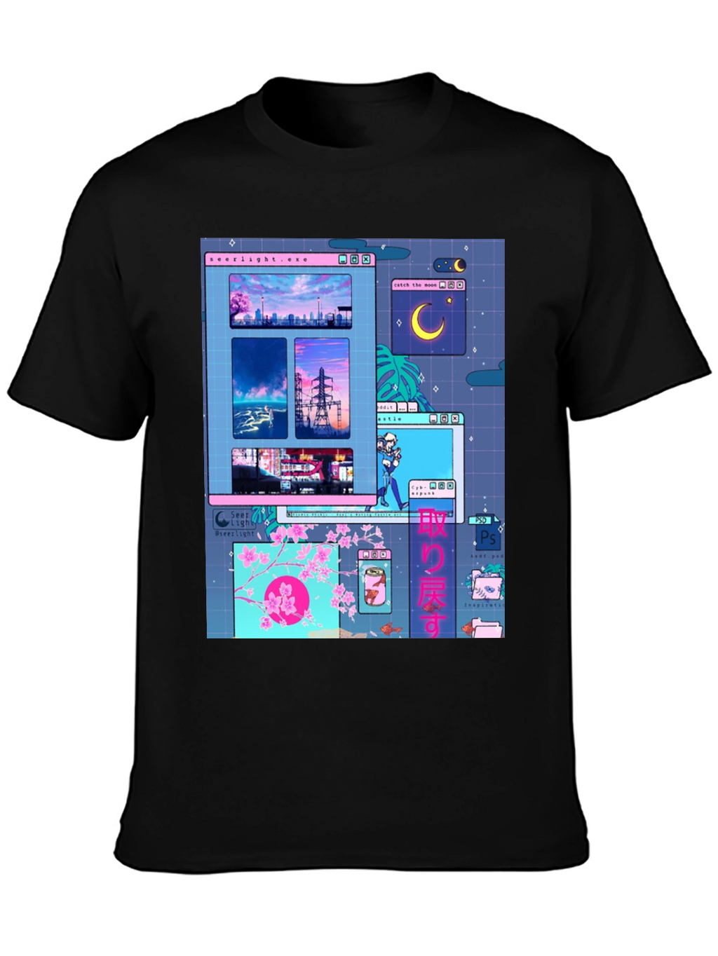 Aesthetic Vaporwave Anime Black T-Shirt