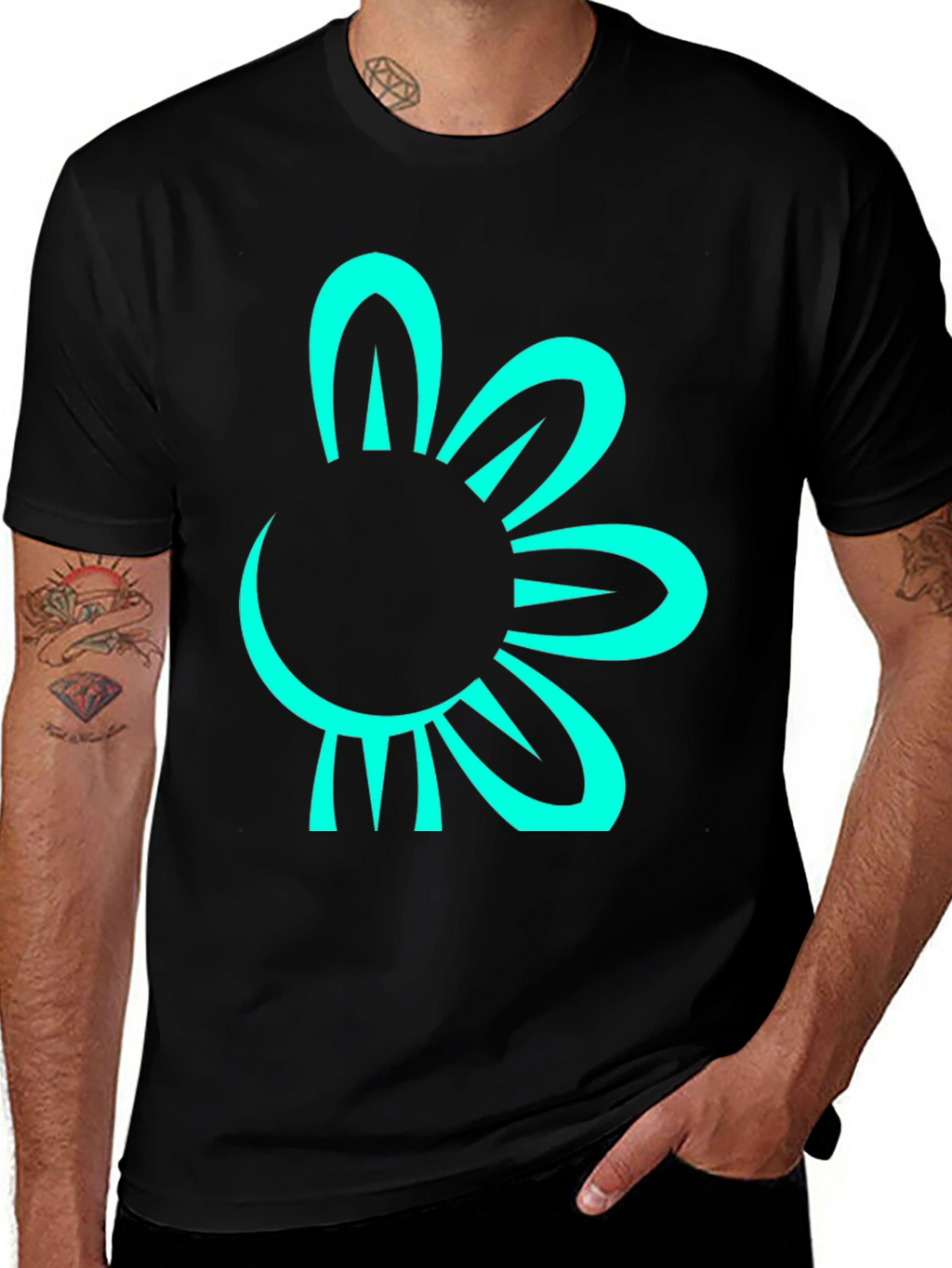 Black T-Shirt with Teal Flower Graphic