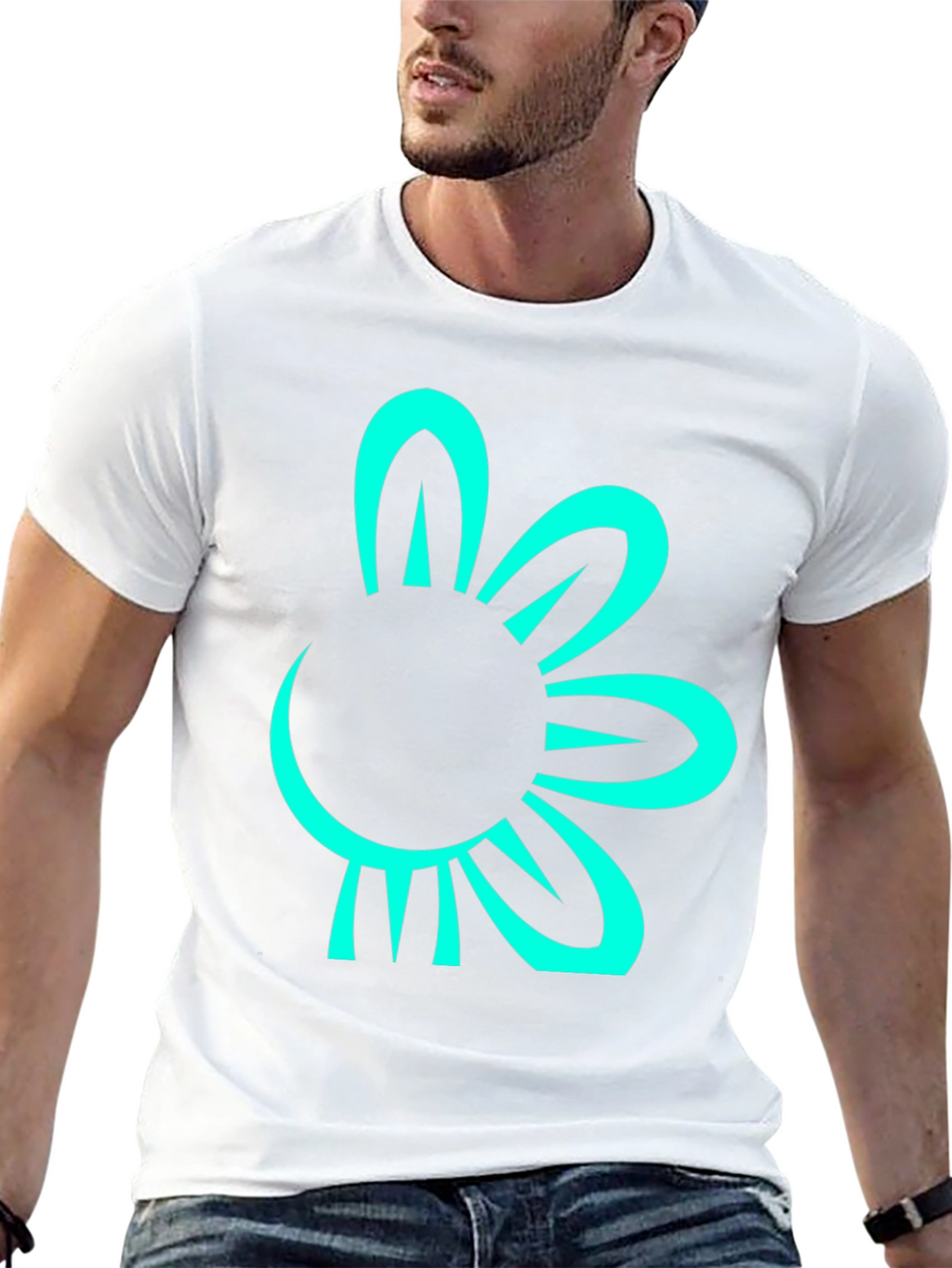Black T-Shirt with Teal Flower Graphic