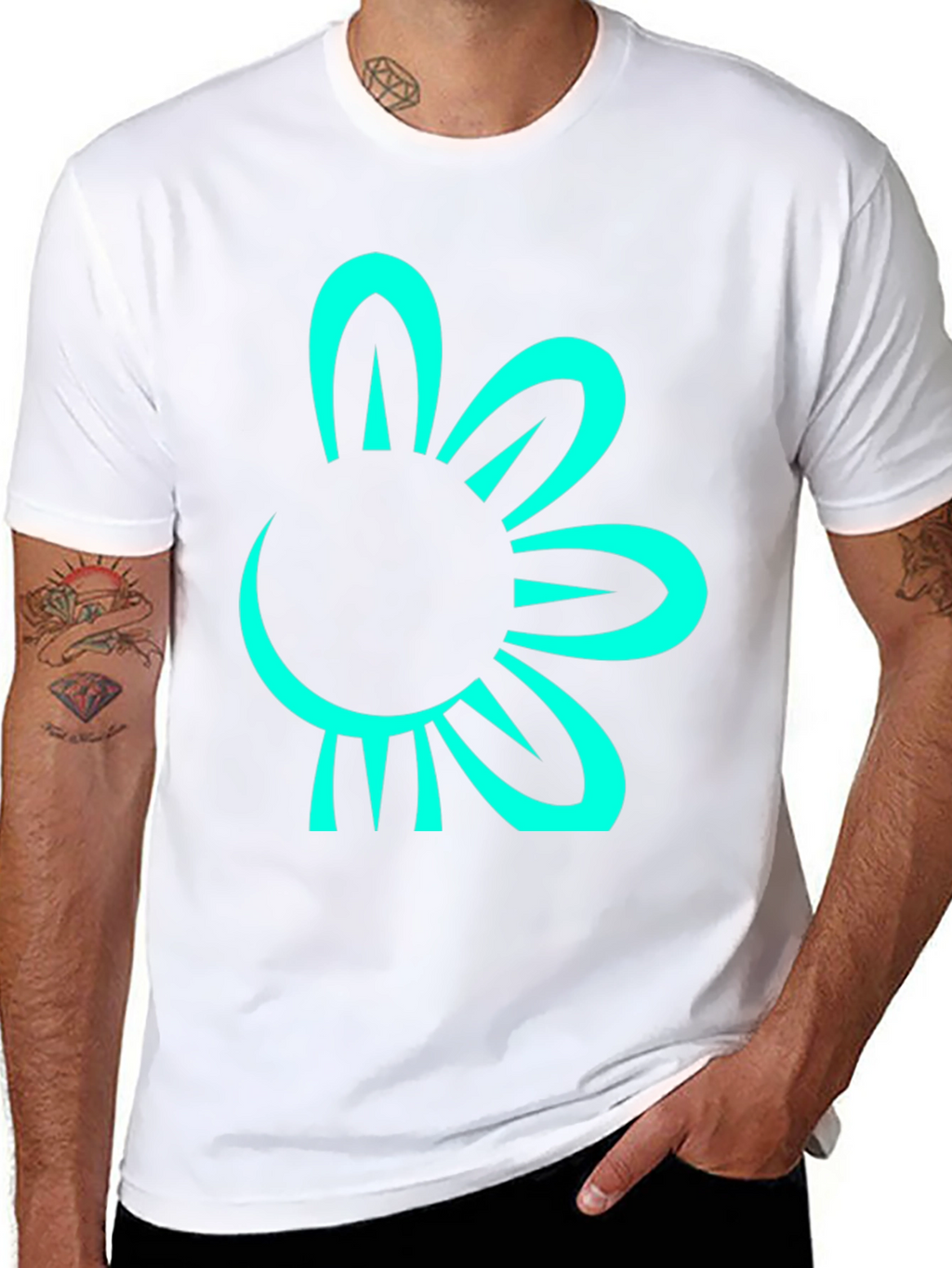 Black T-Shirt with Teal Flower Graphic