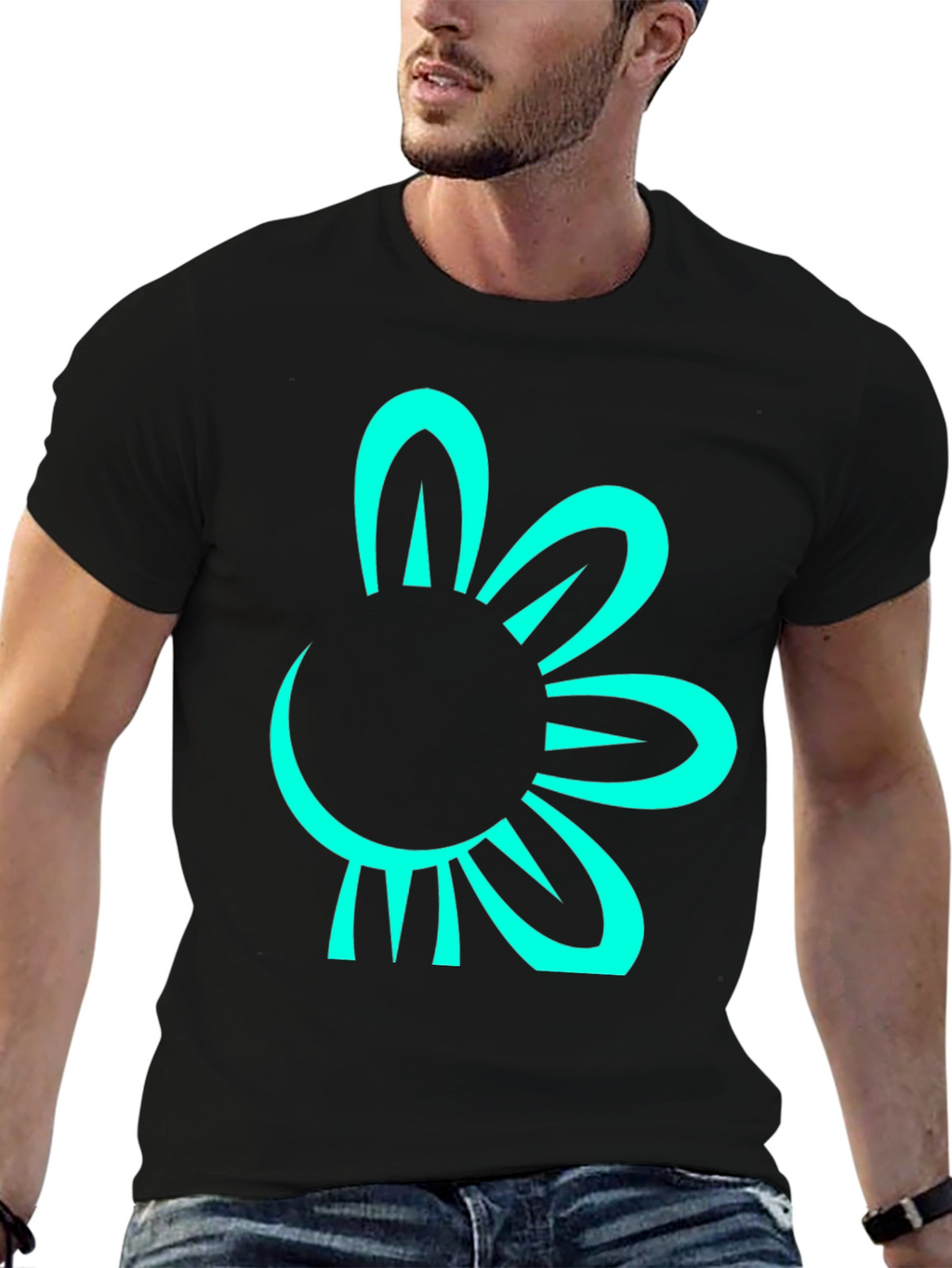 Black T-Shirt with Teal Flower Graphic