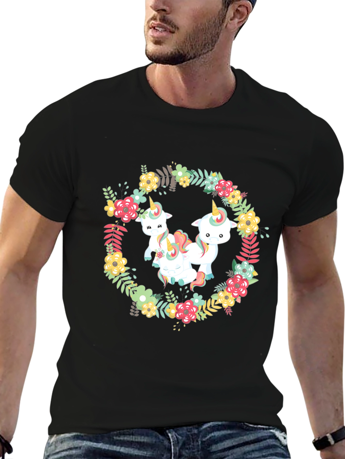 Floral Unicorn T-Shirt - Black