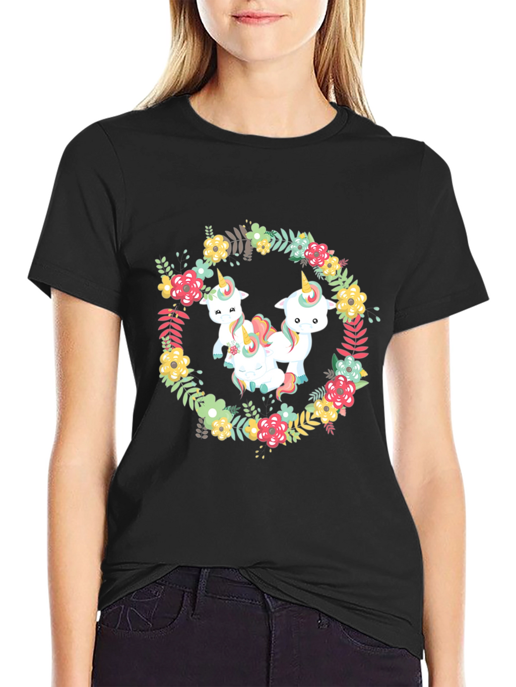 Floral Unicorn T-Shirt - Black