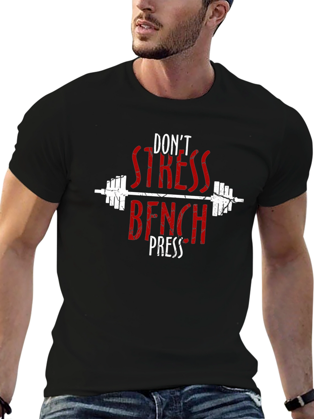 Dont Stress Bench Press Black Graphic T-Shirt