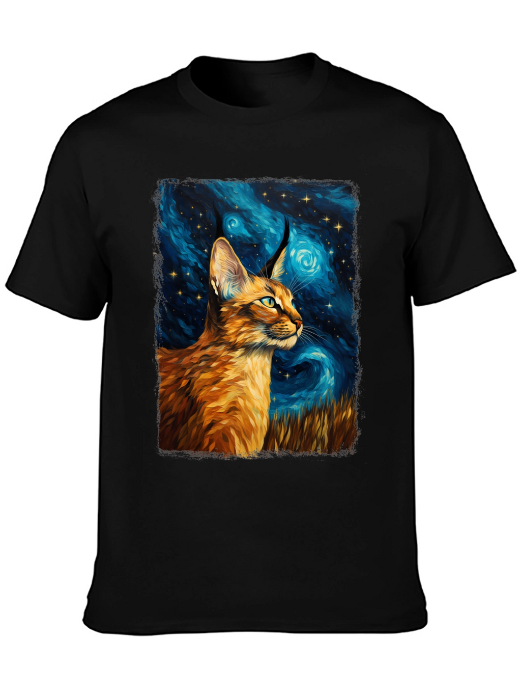 Caracal Cat Starry Night Art Black T-Shirt
