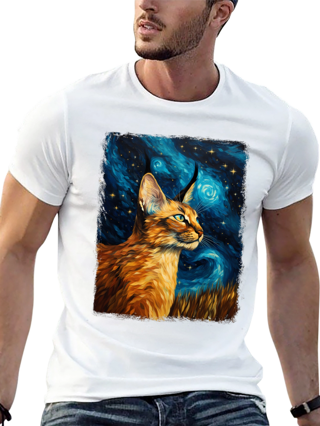 Caracal Cat Starry Night Art Black T-Shirt