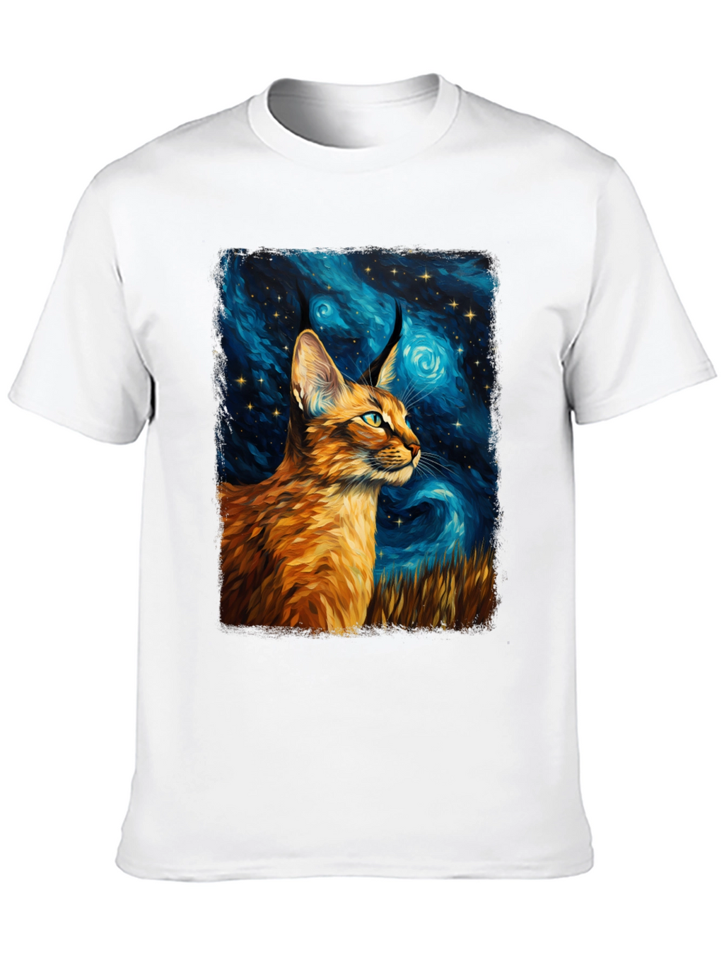 Caracal Cat Starry Night Art Black T-Shirt