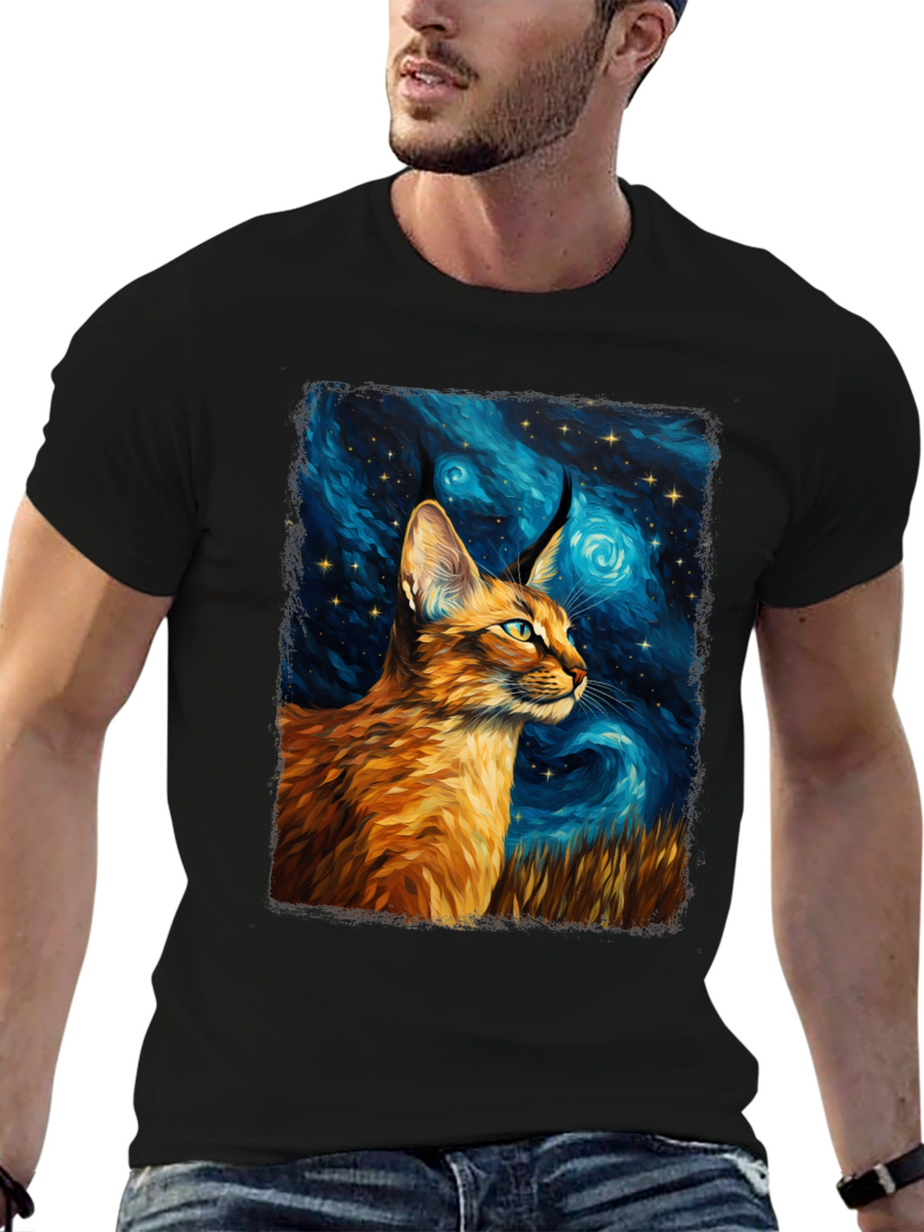 Caracal Cat Starry Night Art Black T-Shirt