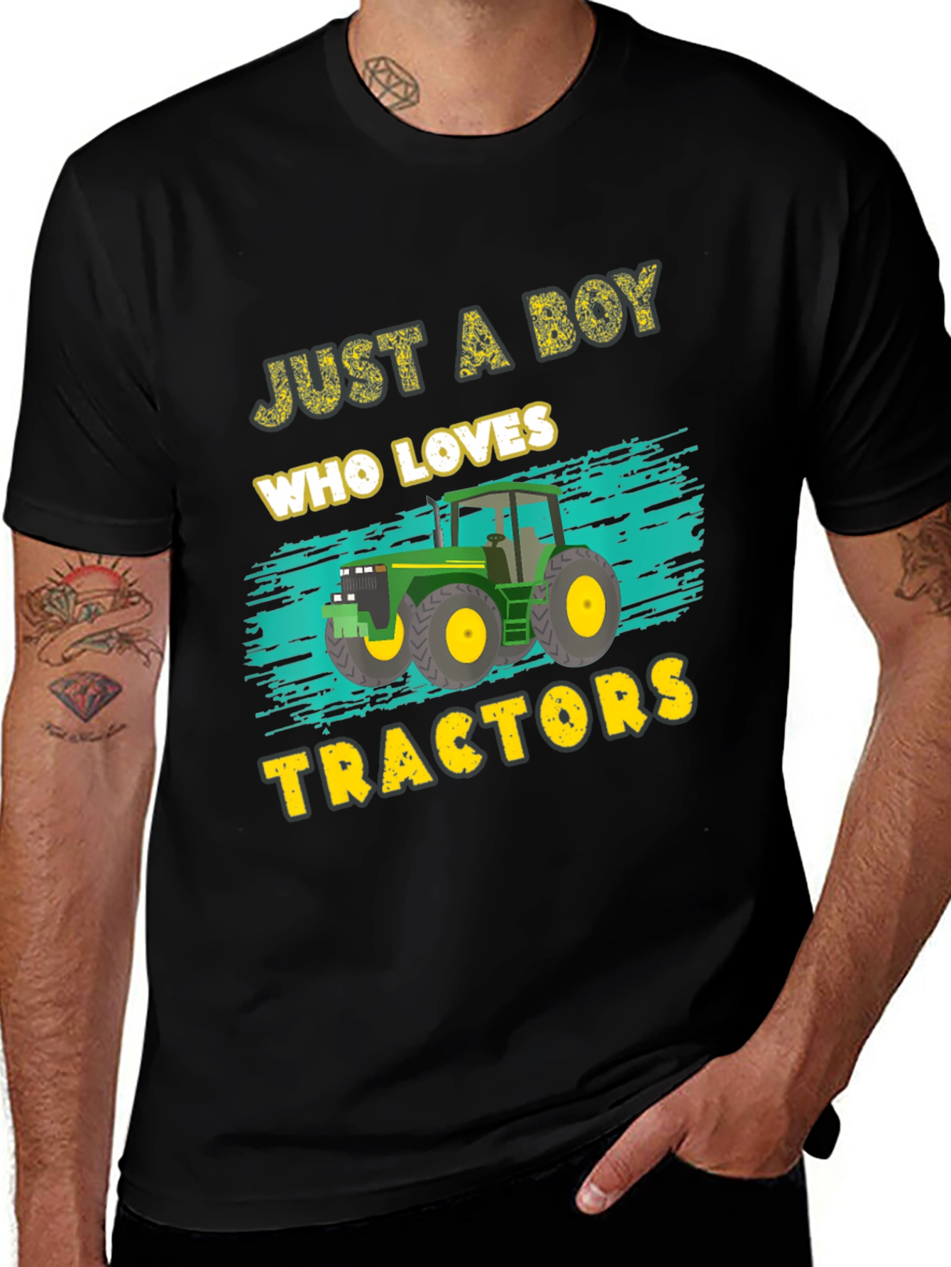 Boy Who Loves Tractors Black Graphic T-Shirt