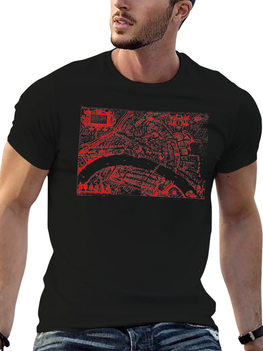 Black Tee with Red City Map Print