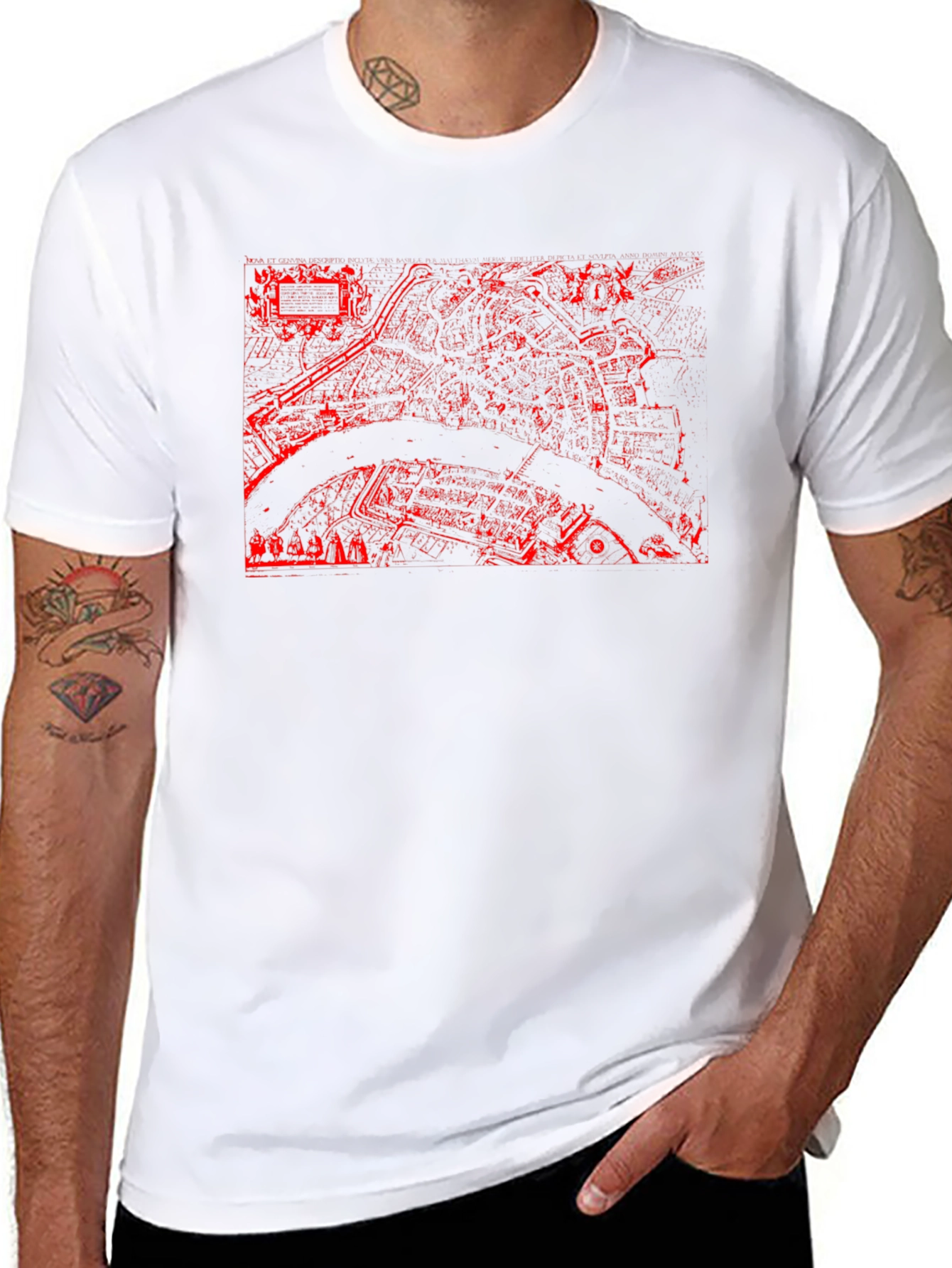 Black Tee with Red City Map Print
