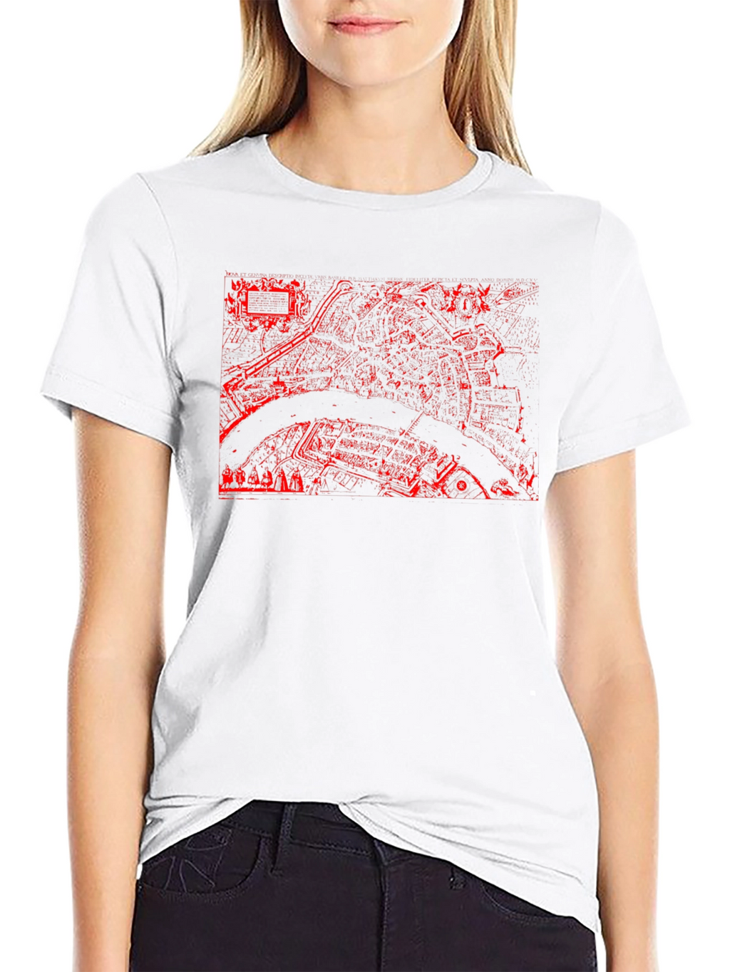 Black Tee with Red City Map Print