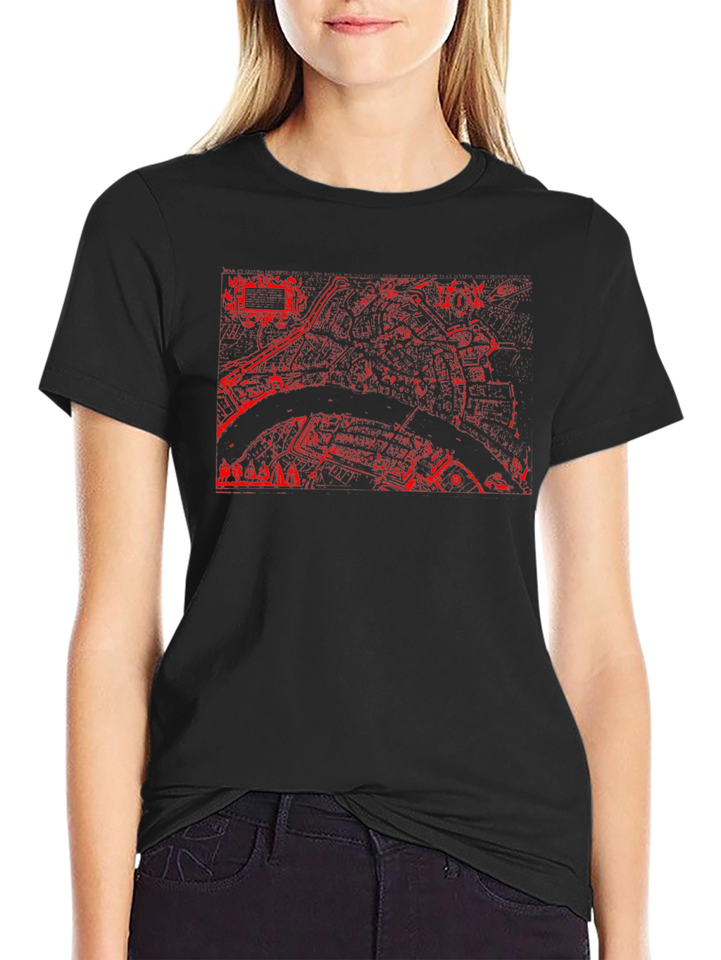 Black Tee with Red City Map Print