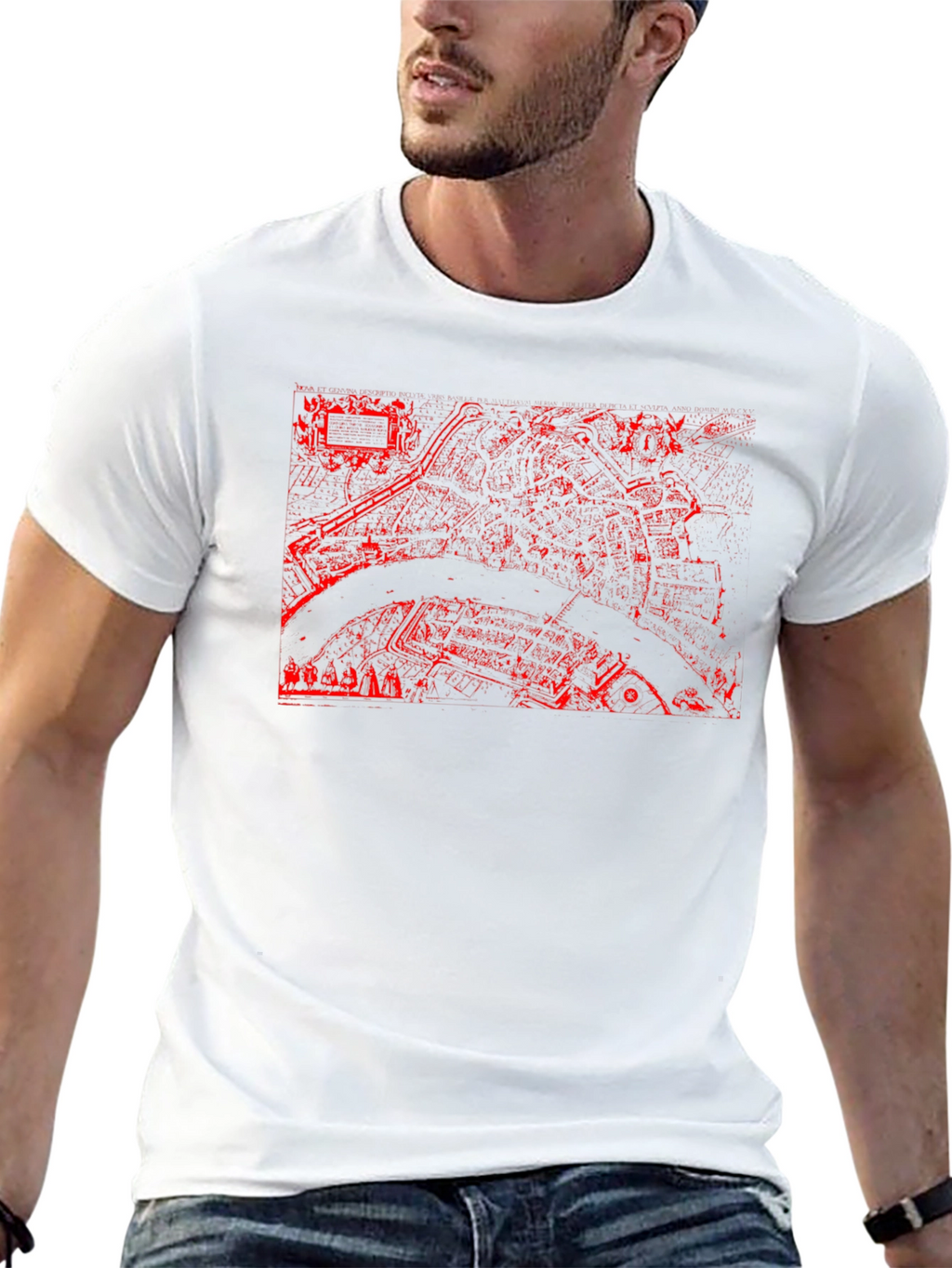 Black Tee with Red City Map Print