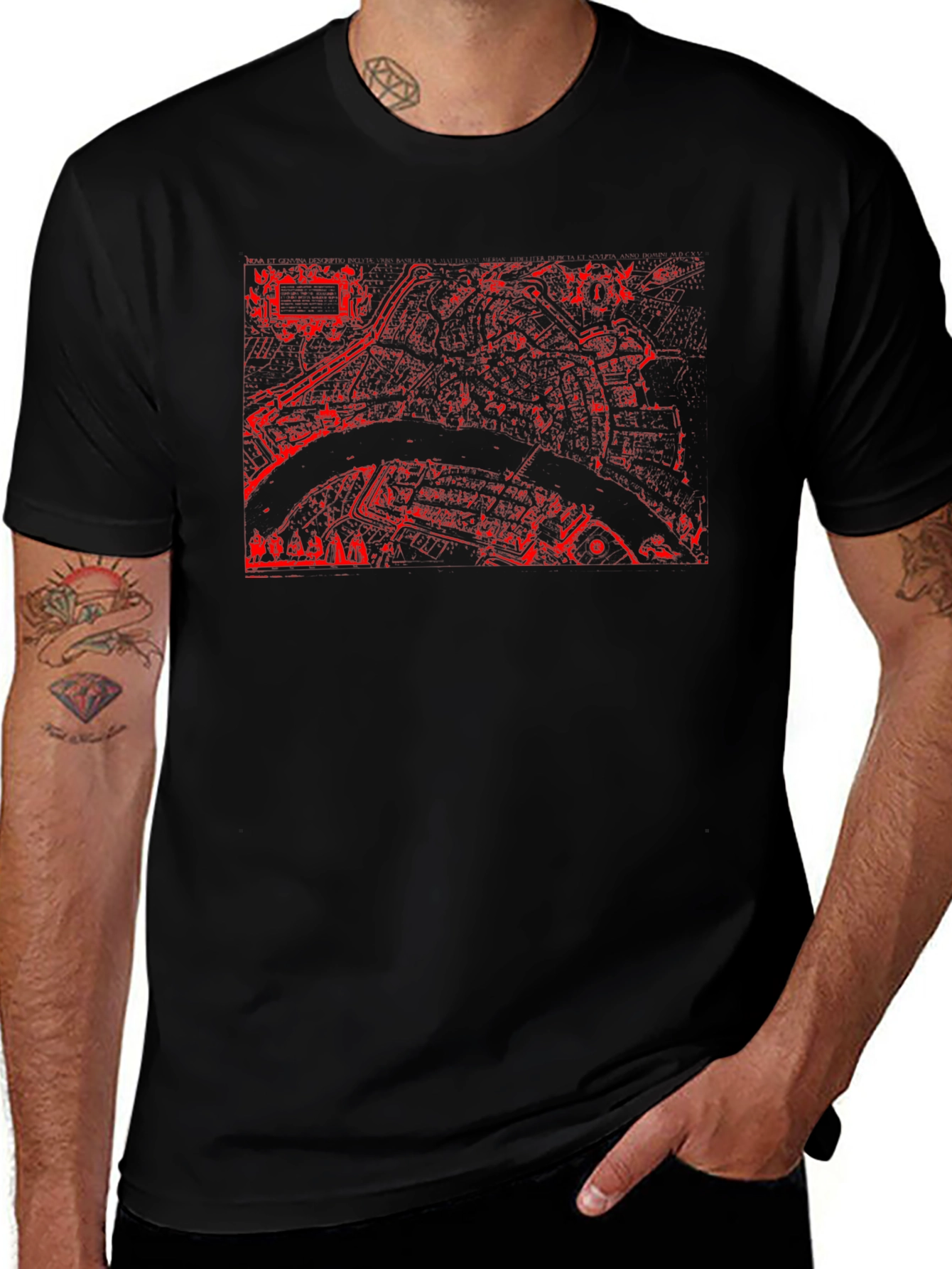 Black Tee with Red City Map Print