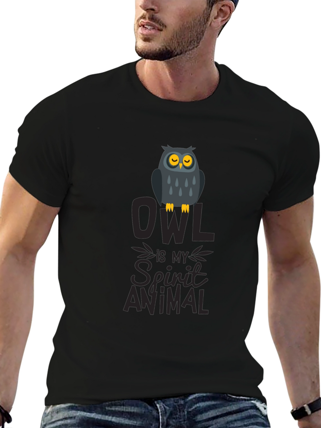 Owl Spirit Animal Graphic Print T-Shirt - Black