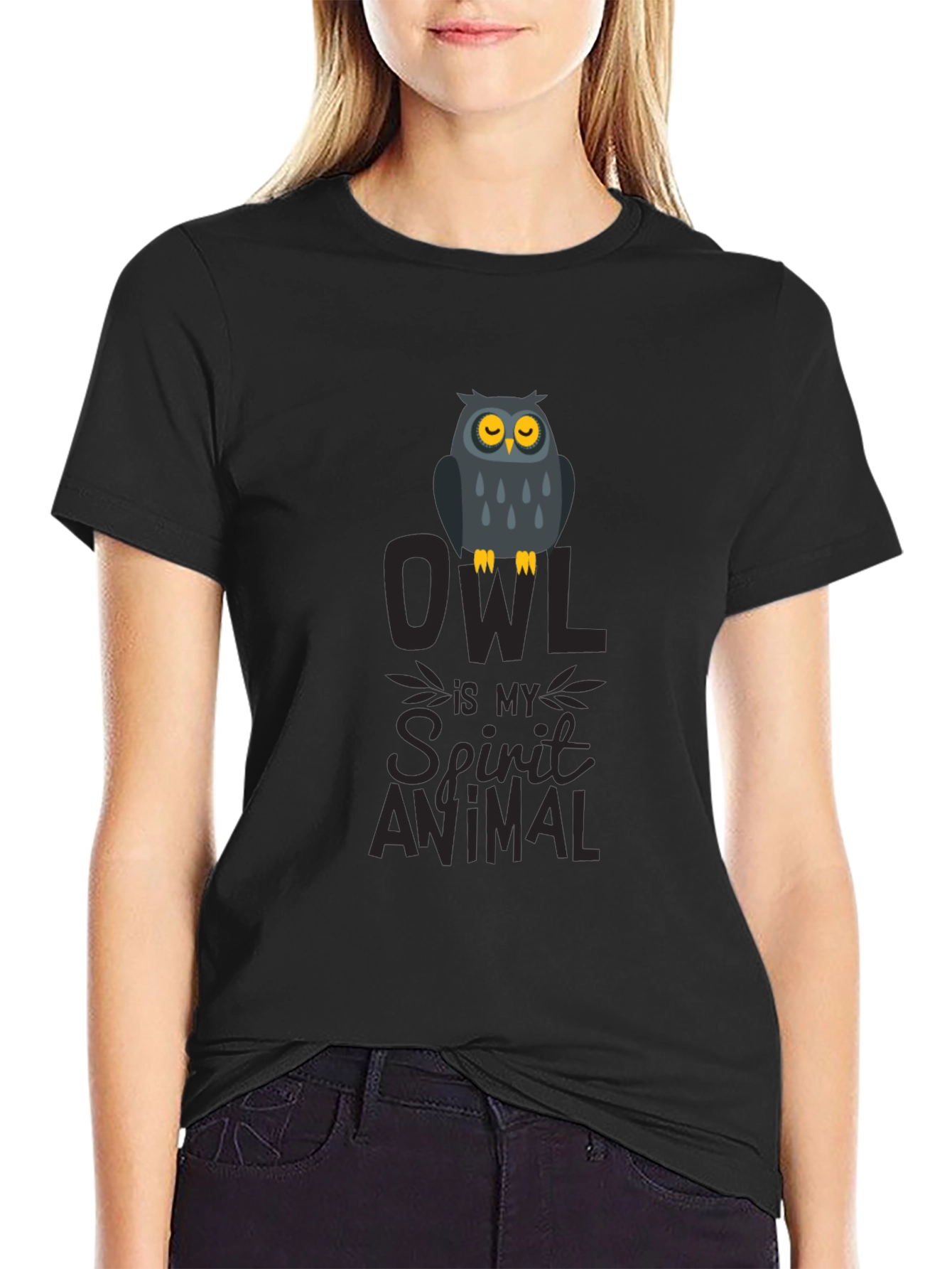 Owl Spirit Animal Graphic Print T-Shirt - Black
