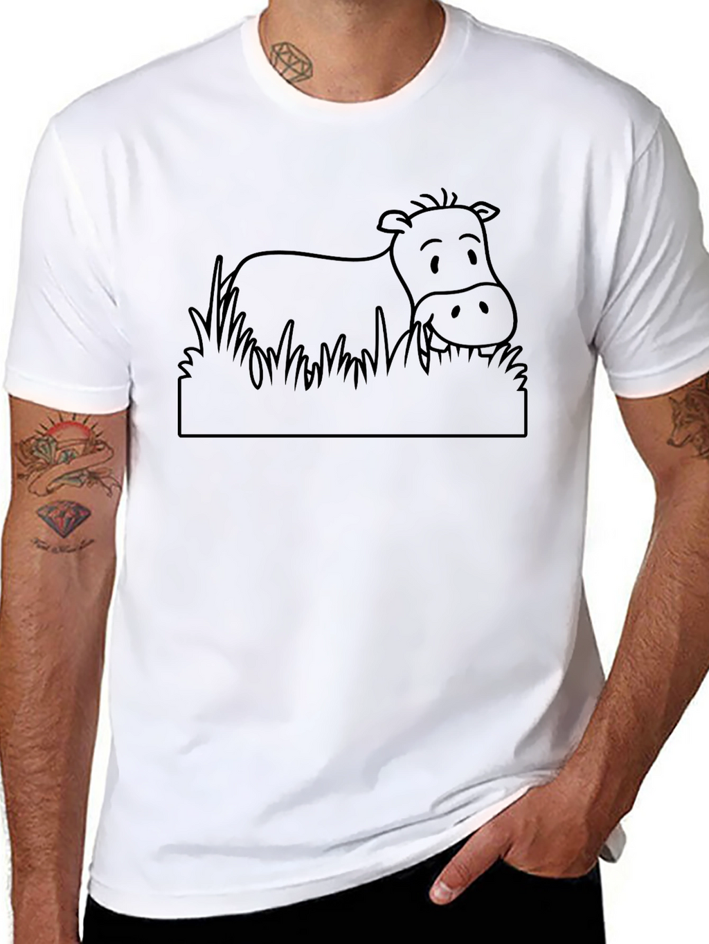 Cartoon Cow Graphic Tee - Black Cotton T-Shirt