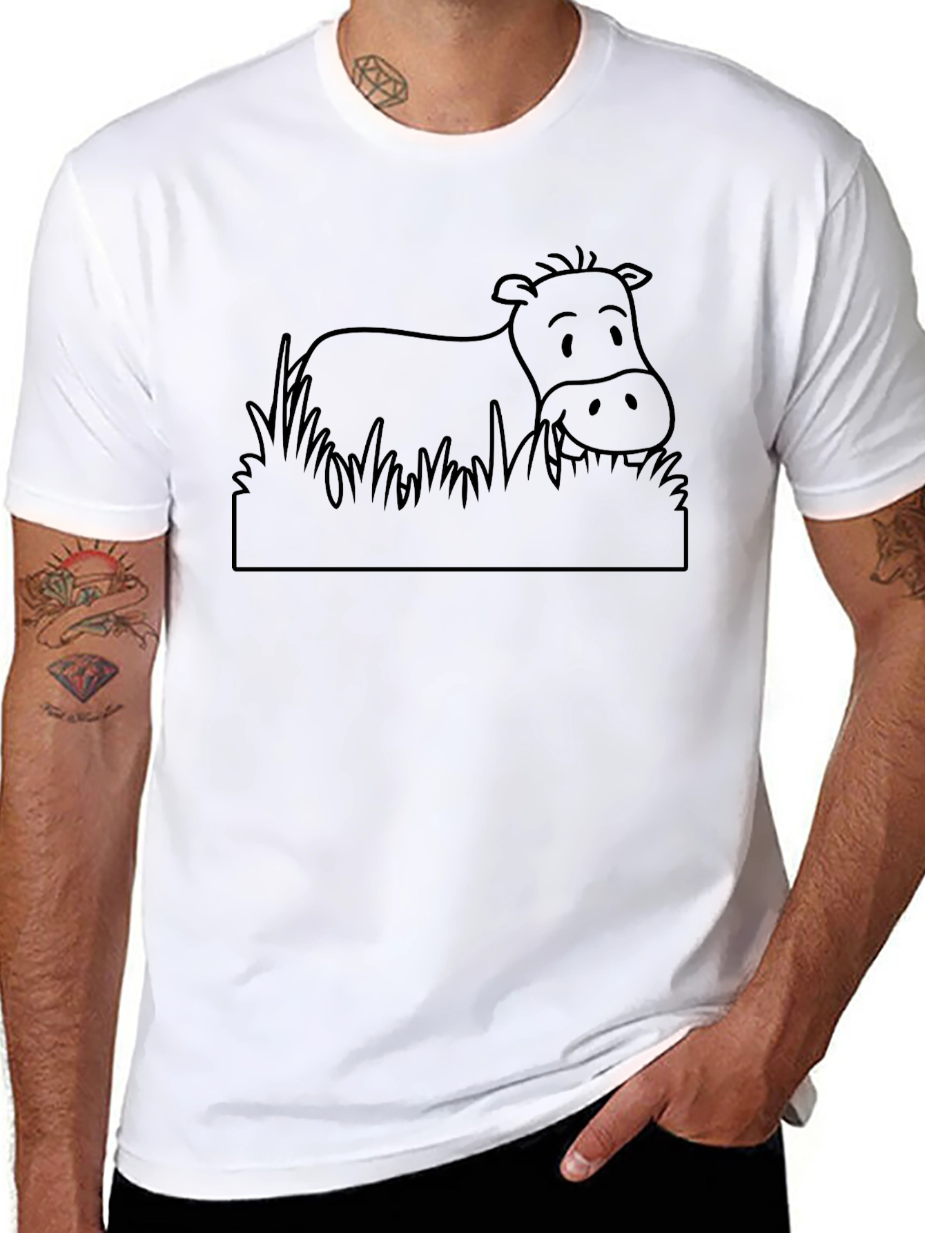 Cartoon Cow Graphic Tee - Black Cotton T-Shirt