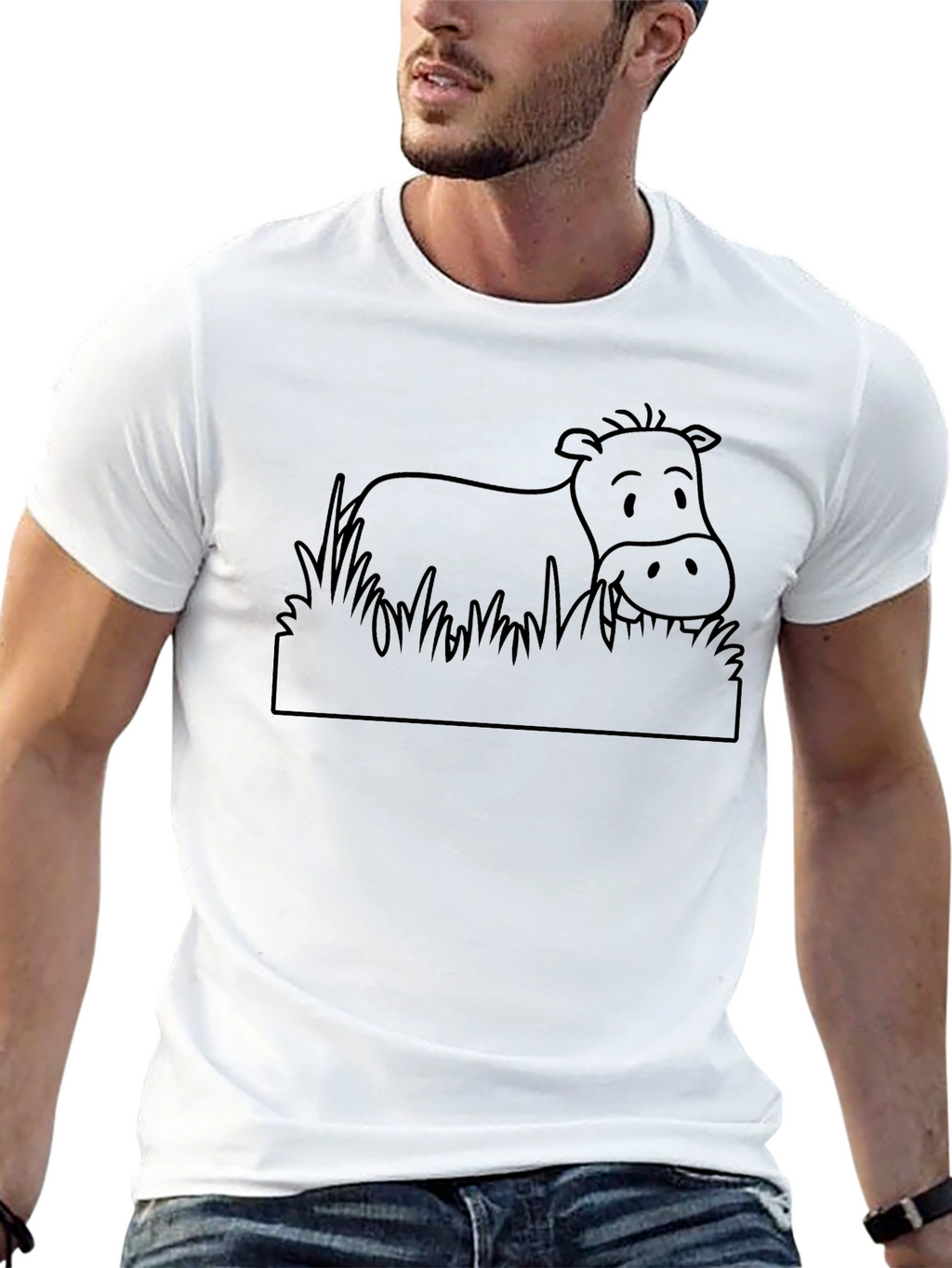 Cartoon Cow Graphic Tee - Black Cotton T-Shirt