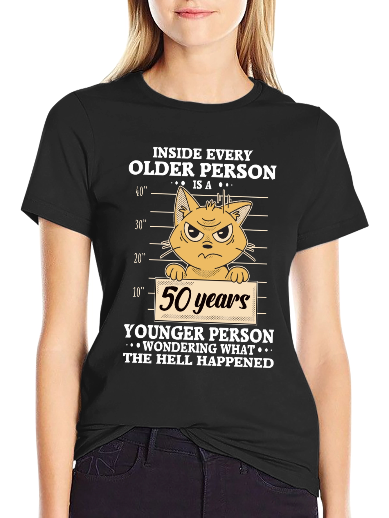 Funny 50th Birthday Cat T-Shirt - Older Person Younger Person Design