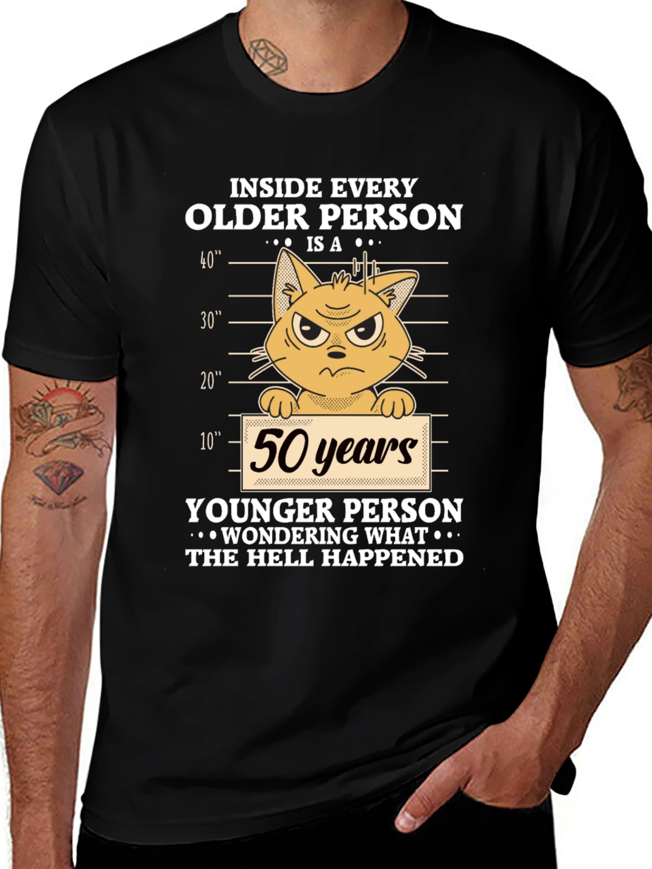 Funny 50th Birthday Cat T-Shirt - Older Person Younger Person Design