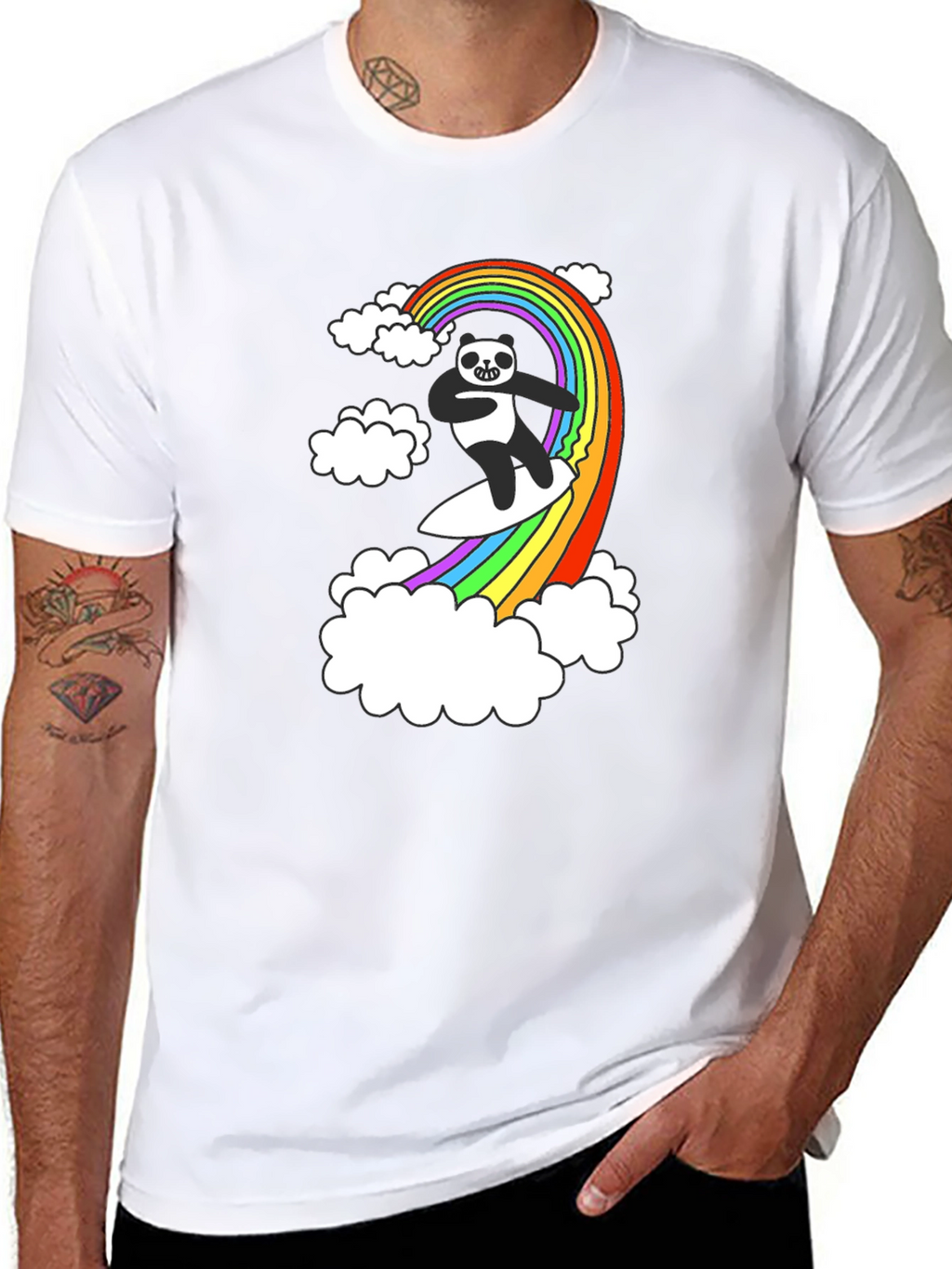 Panda Surfing Rainbow T-Shirt - Fun Graphic Tee