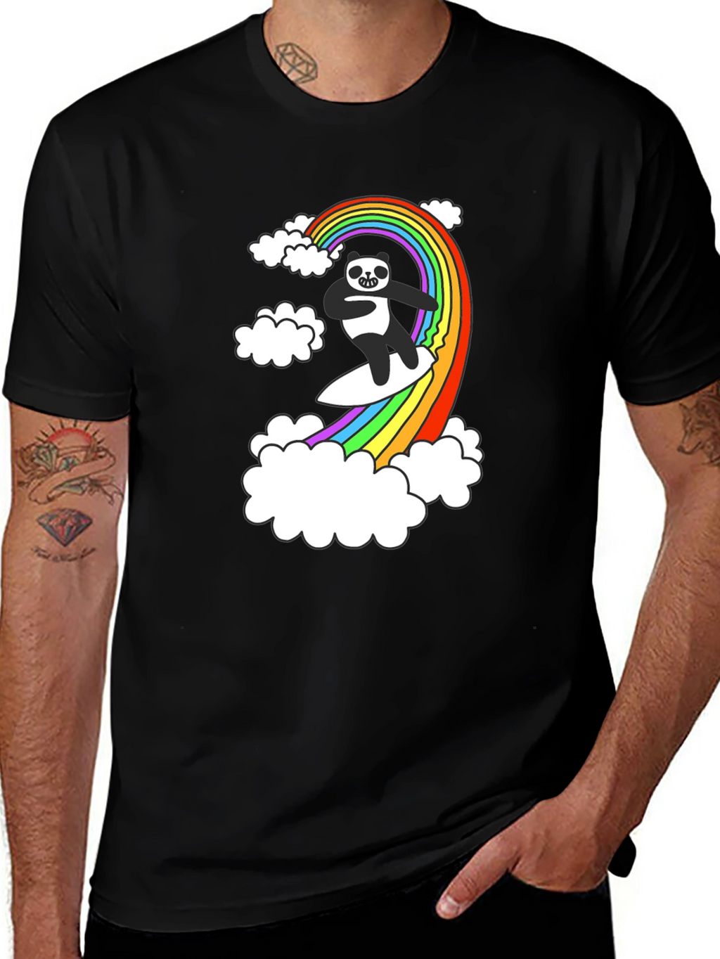 Panda Surfing Rainbow T-Shirt - Fun Graphic Tee