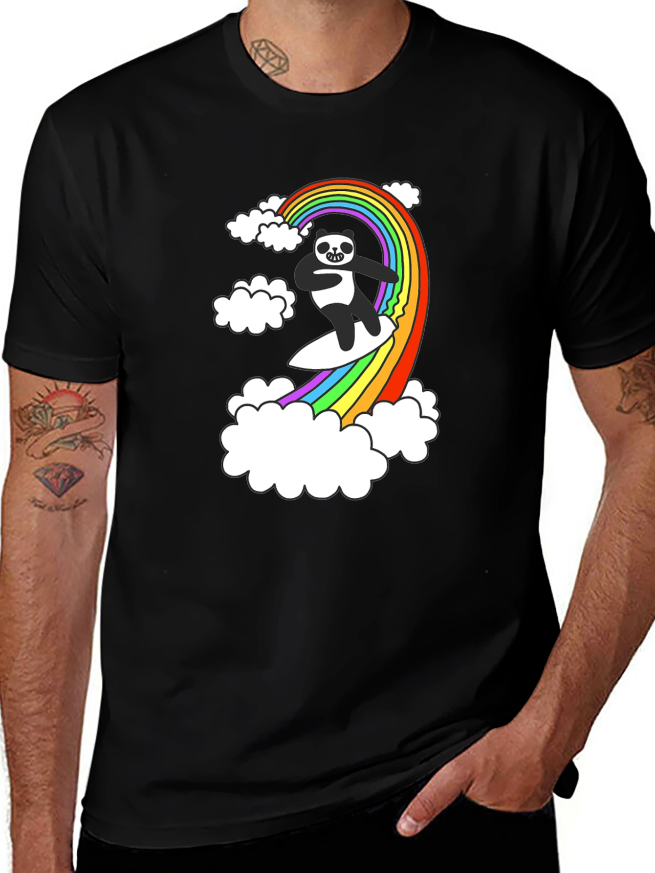 Panda Surfing Rainbow T-Shirt - Fun Graphic Tee