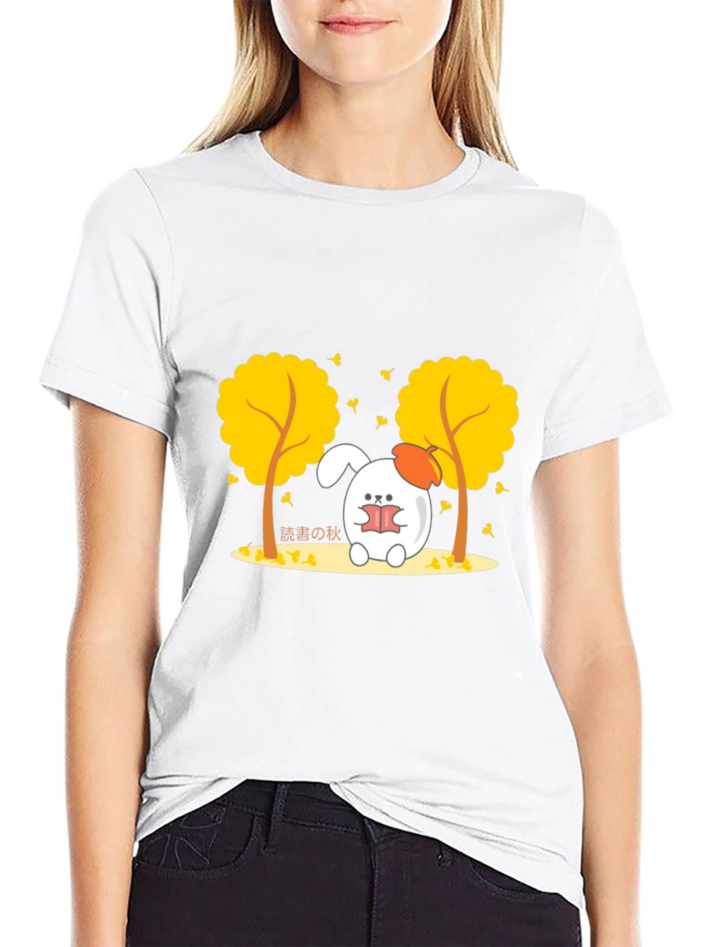 Autumn Reading Bunny Black T-Shirt