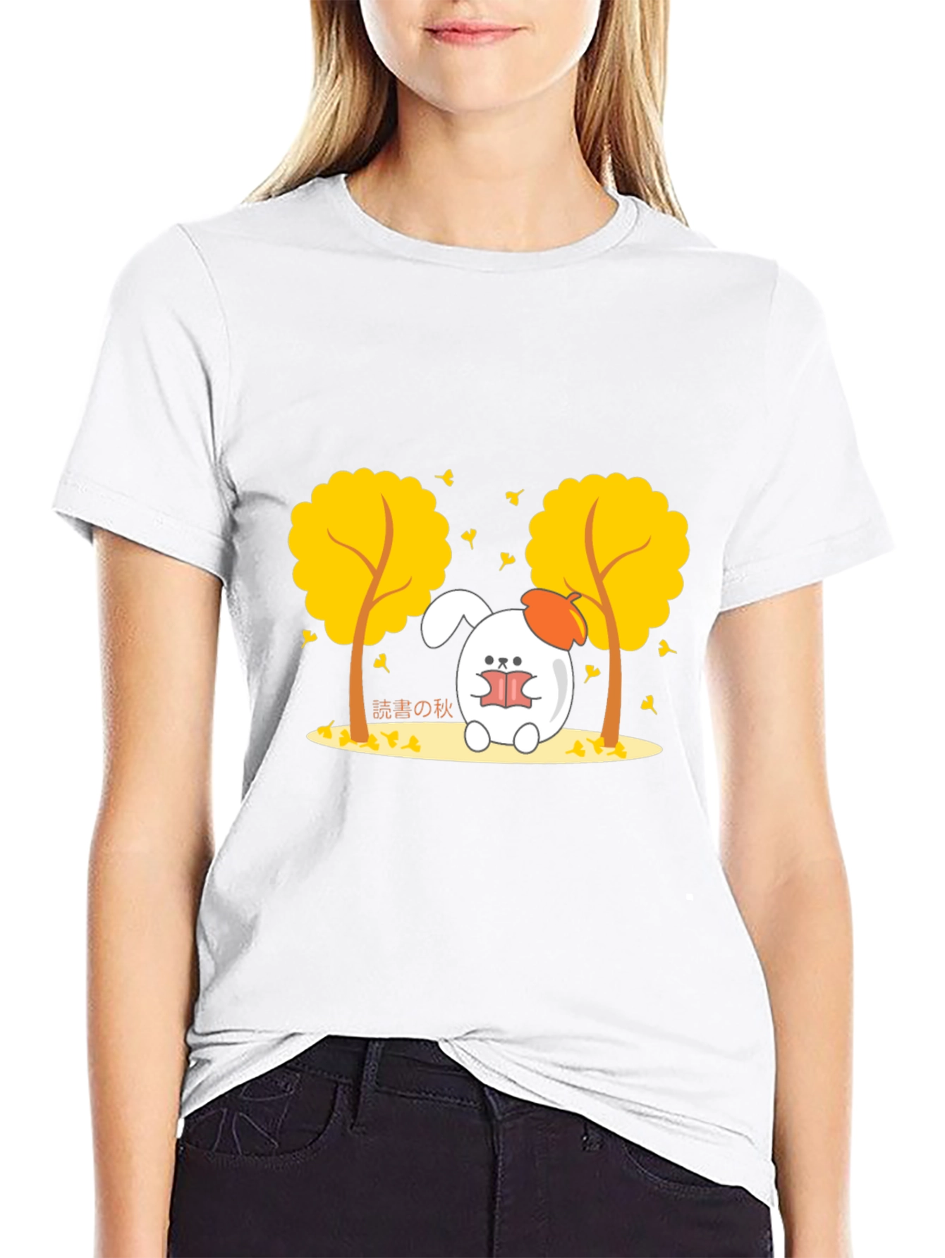Autumn Reading Bunny Black T-Shirt