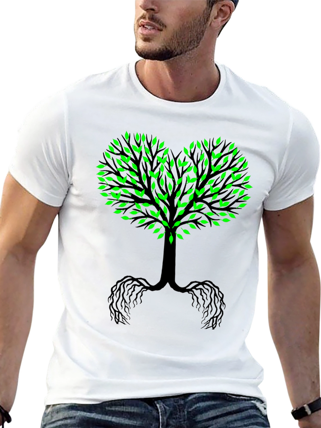 Tree of Life Black Tee - Green Leaf Heart