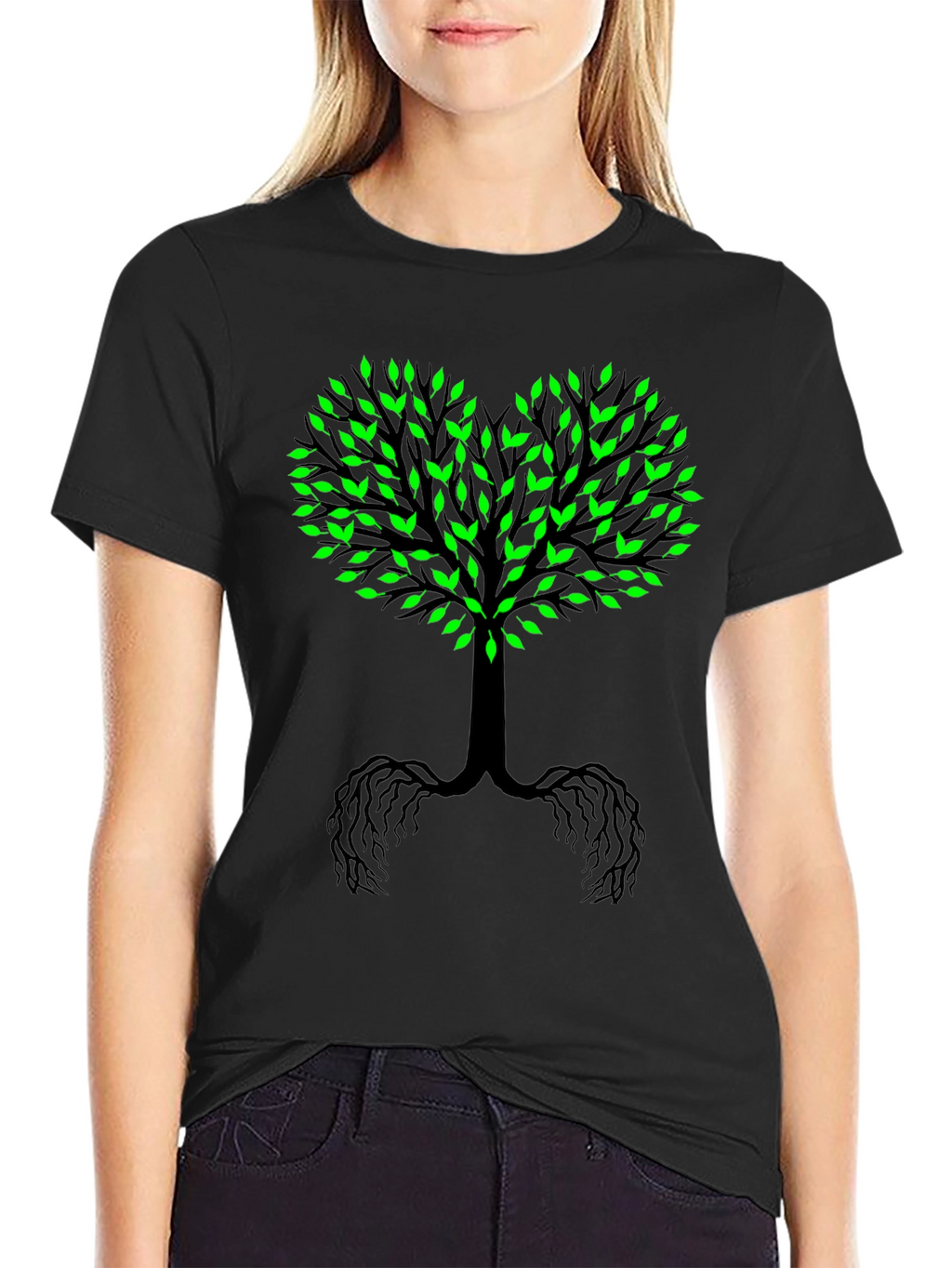 Tree of Life Black Tee - Green Leaf Heart