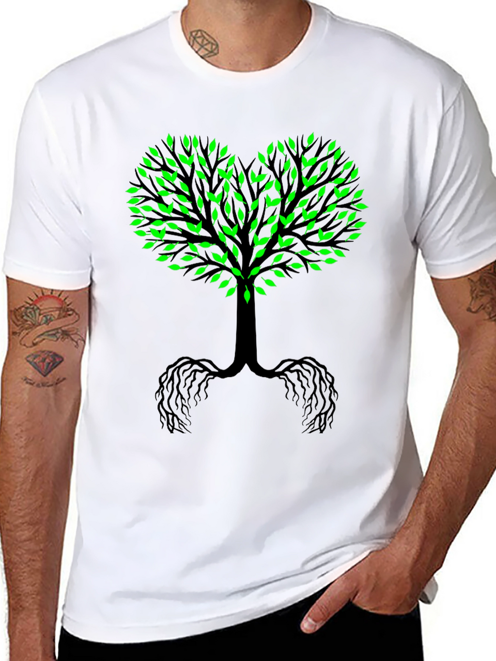 Tree of Life Black Tee - Green Leaf Heart