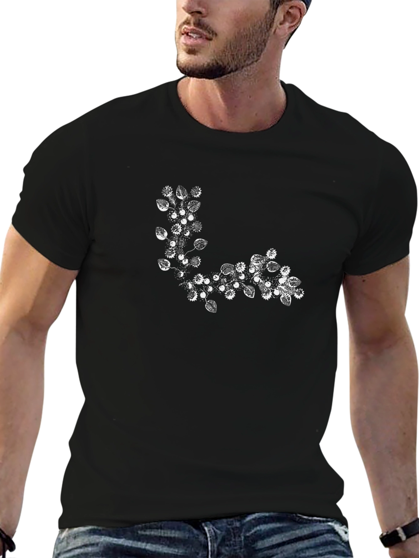Black T-Shirt with Floral Corner Design