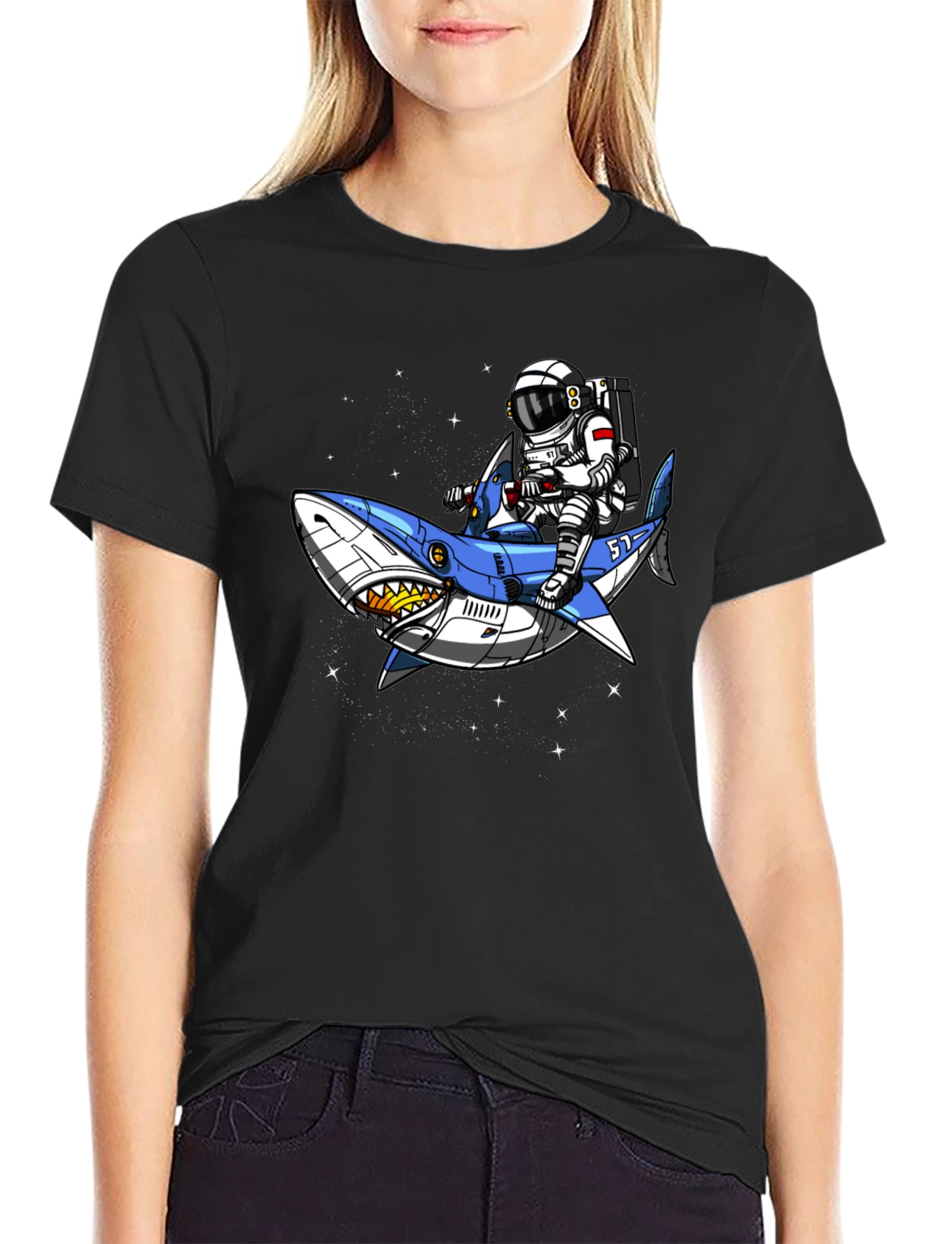 Astronaut Shark Rider Graphic Tee - Black