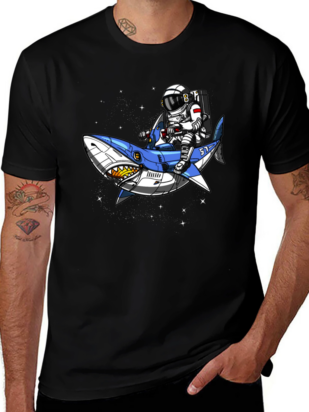 Astronaut Shark Rider Graphic Tee - Black