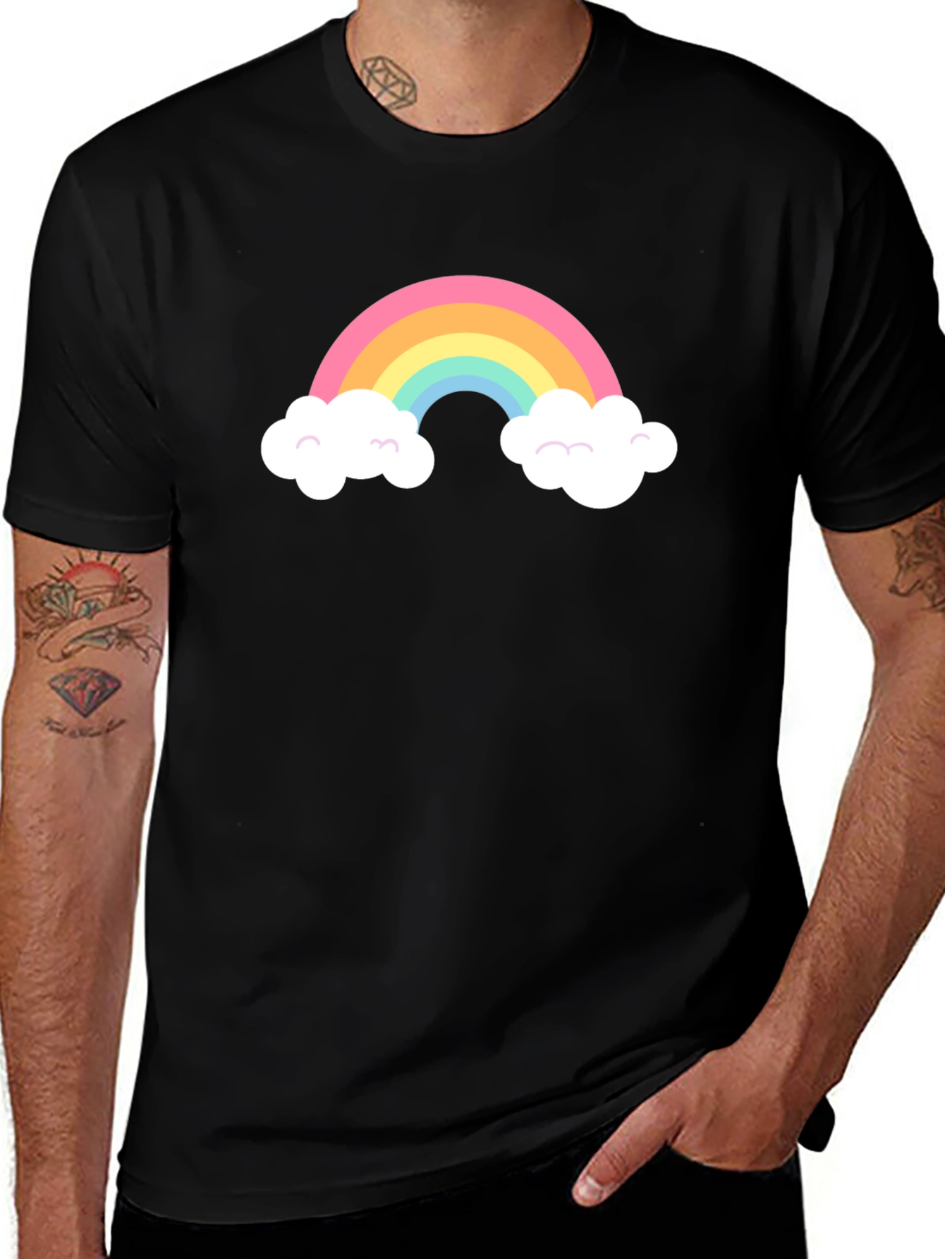 Rainbow Cloud Graphic Tee - Black Cotton T-Shirt