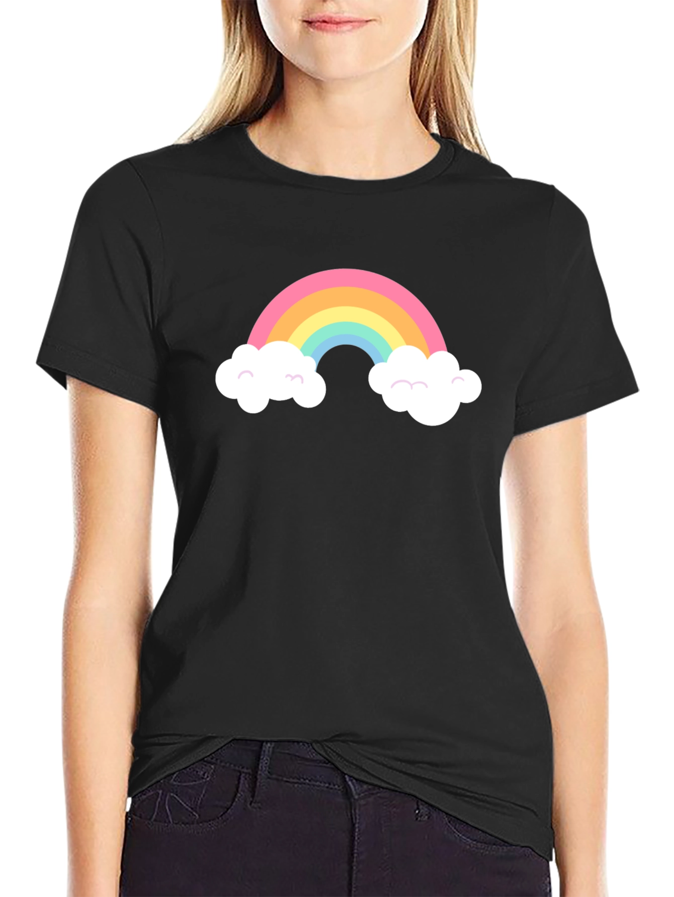 Rainbow Cloud Graphic Tee - Black Cotton T-Shirt