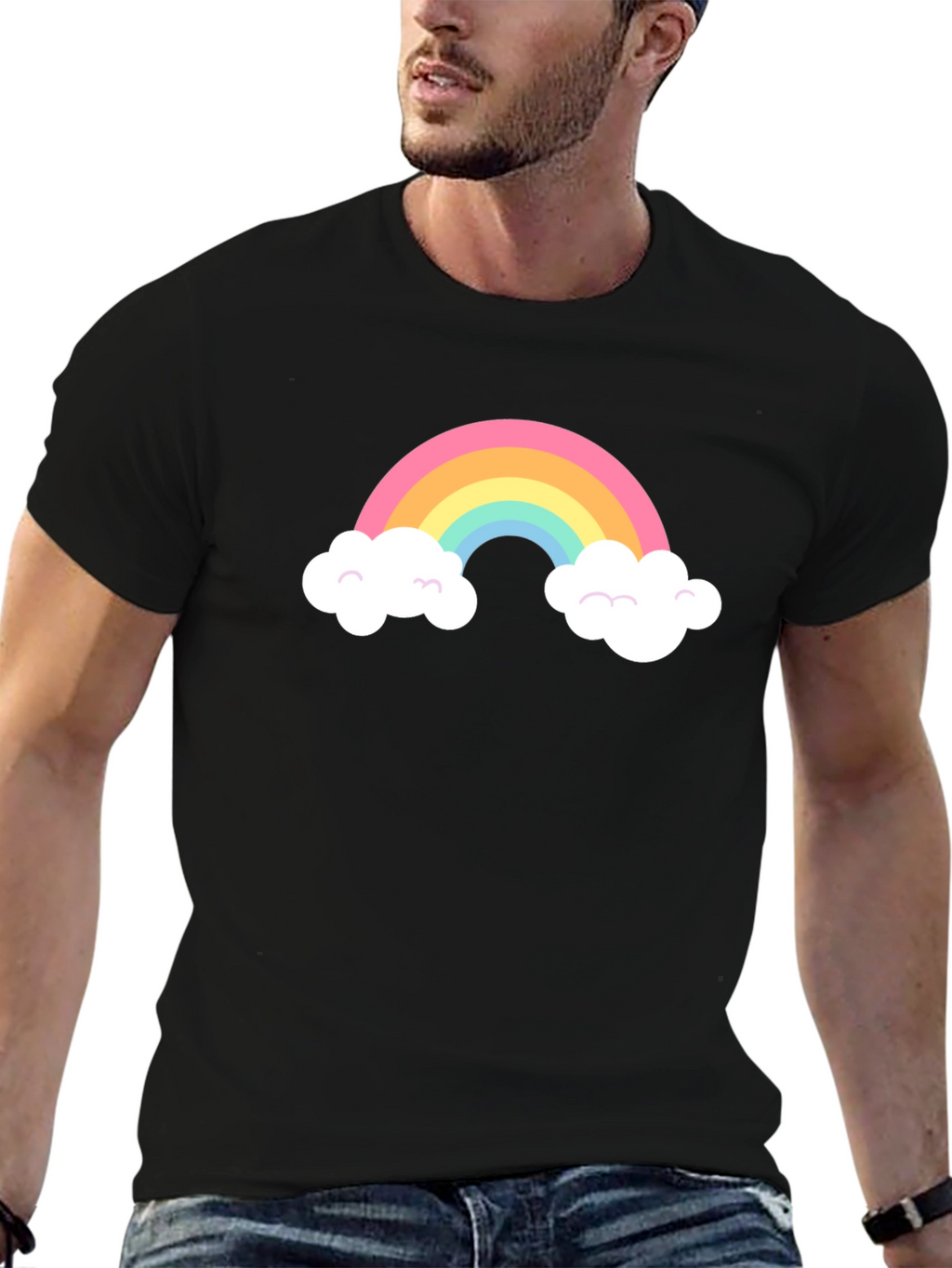Rainbow Cloud Graphic Tee - Black Cotton T-Shirt
