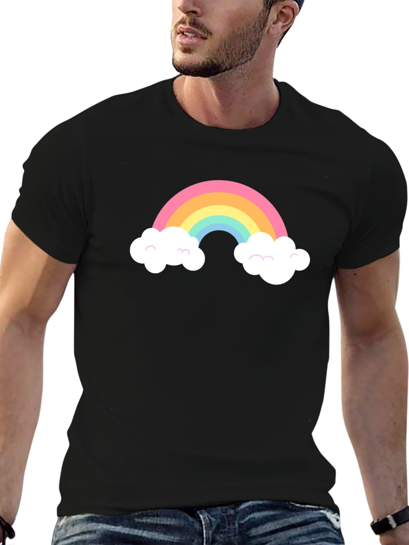 Rainbow Cloud Graphic Tee - Black Cotton T-Shirt